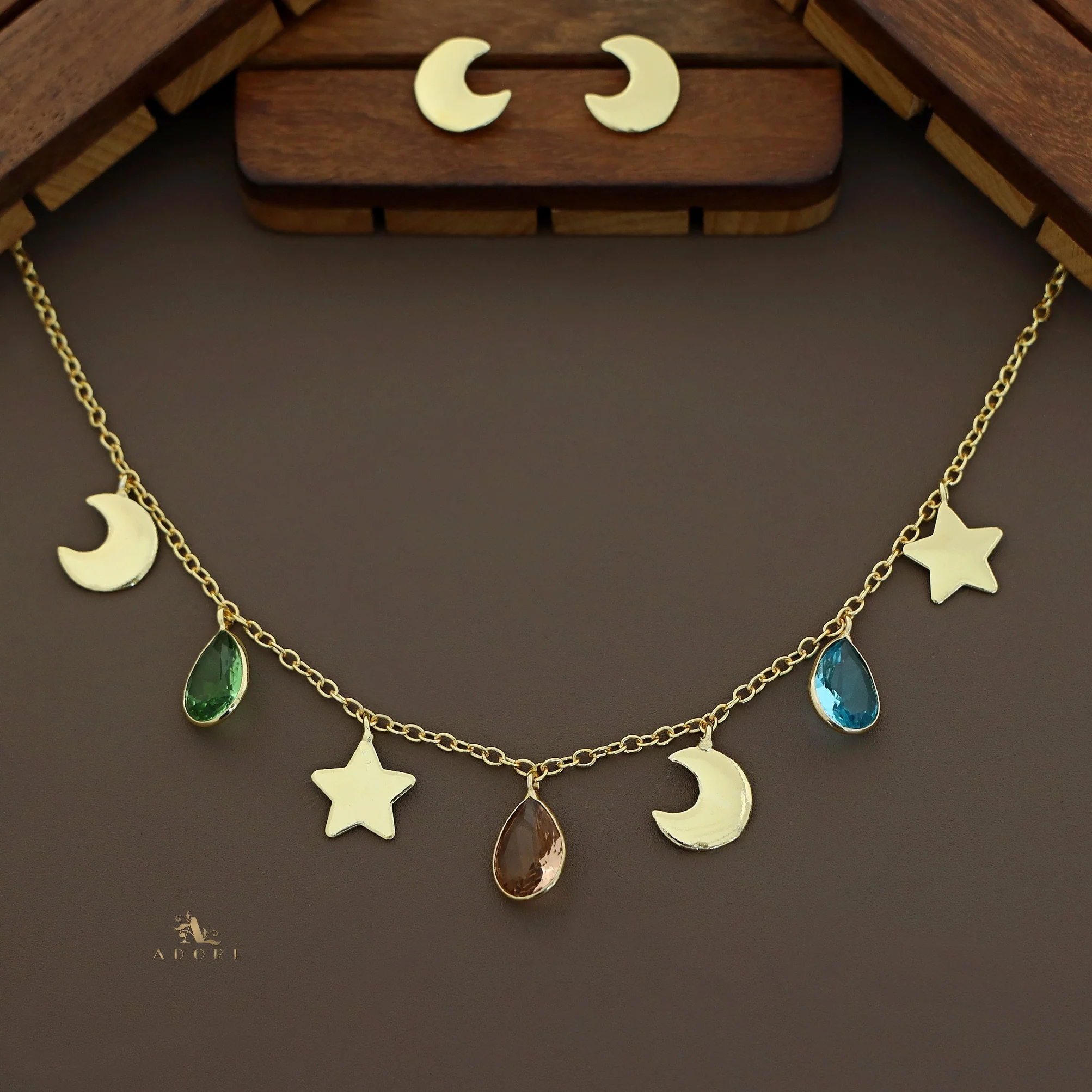 Astral Glossy Tri Drop Neckpiece With Golden Moon Stud - Image 24