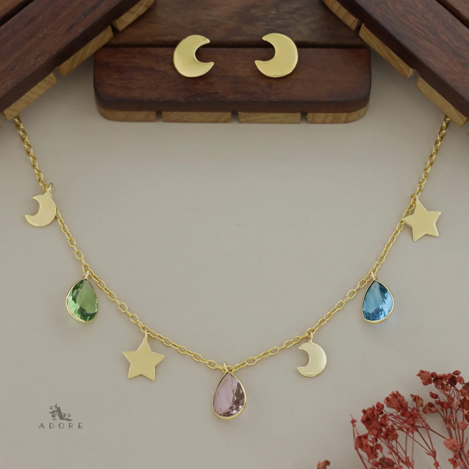 Astral Glossy Tri Drop Neckpiece With Golden Moon Stud - Image 3