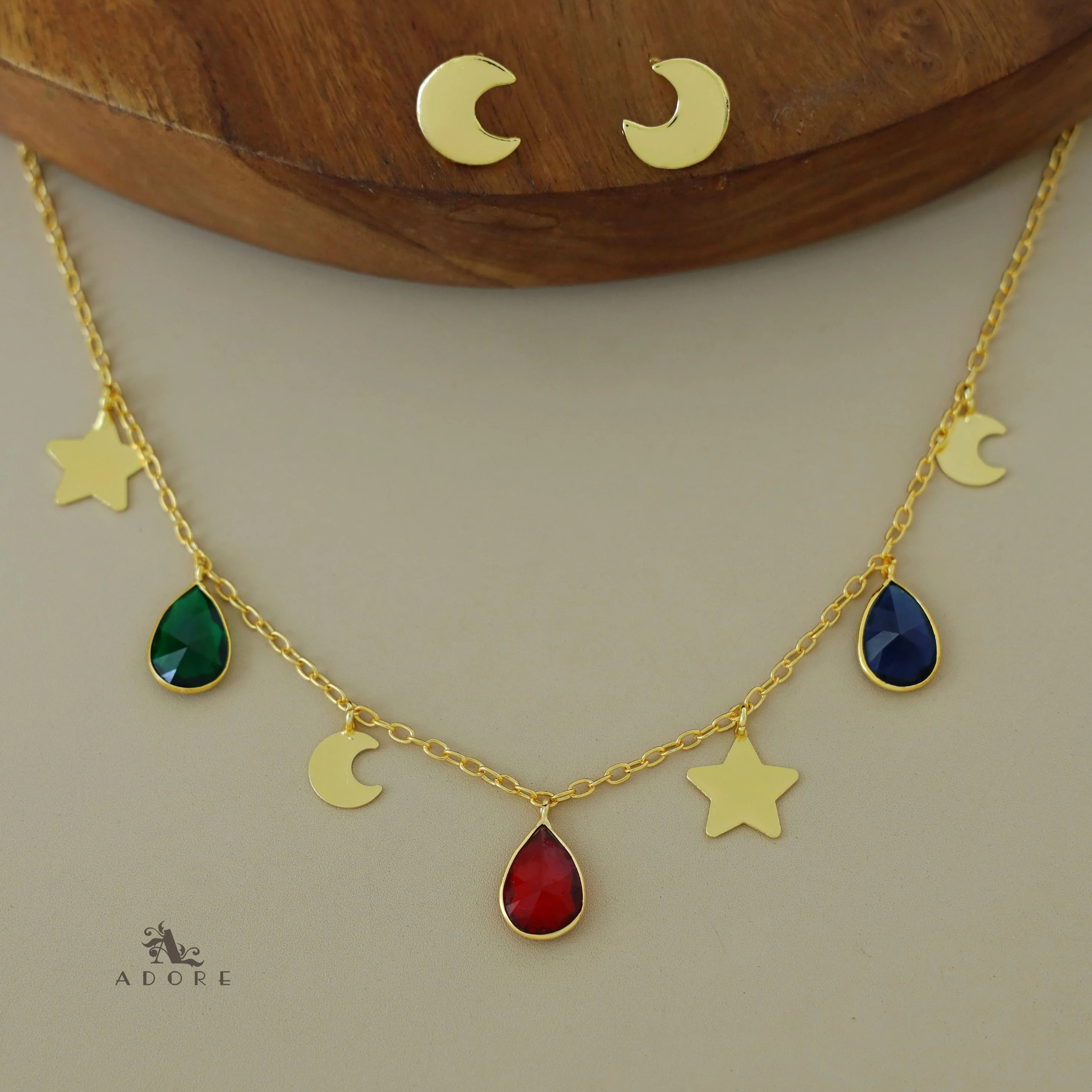 Astral Glossy Tri Drop Neckpiece With Golden Moon Stud - Image 4