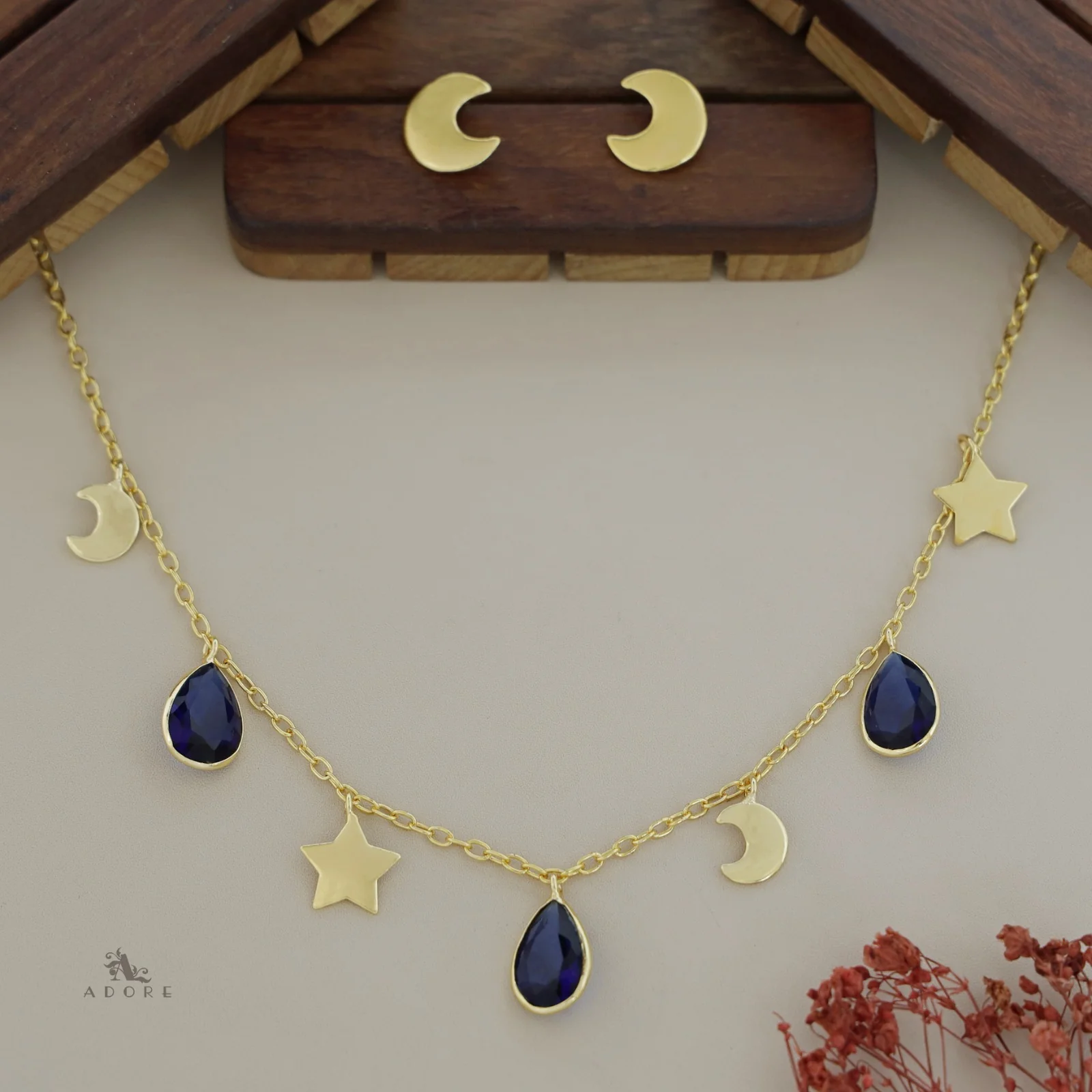 Astral Glossy Tri Drop Neckpiece With Golden Moon Stud - Image 5