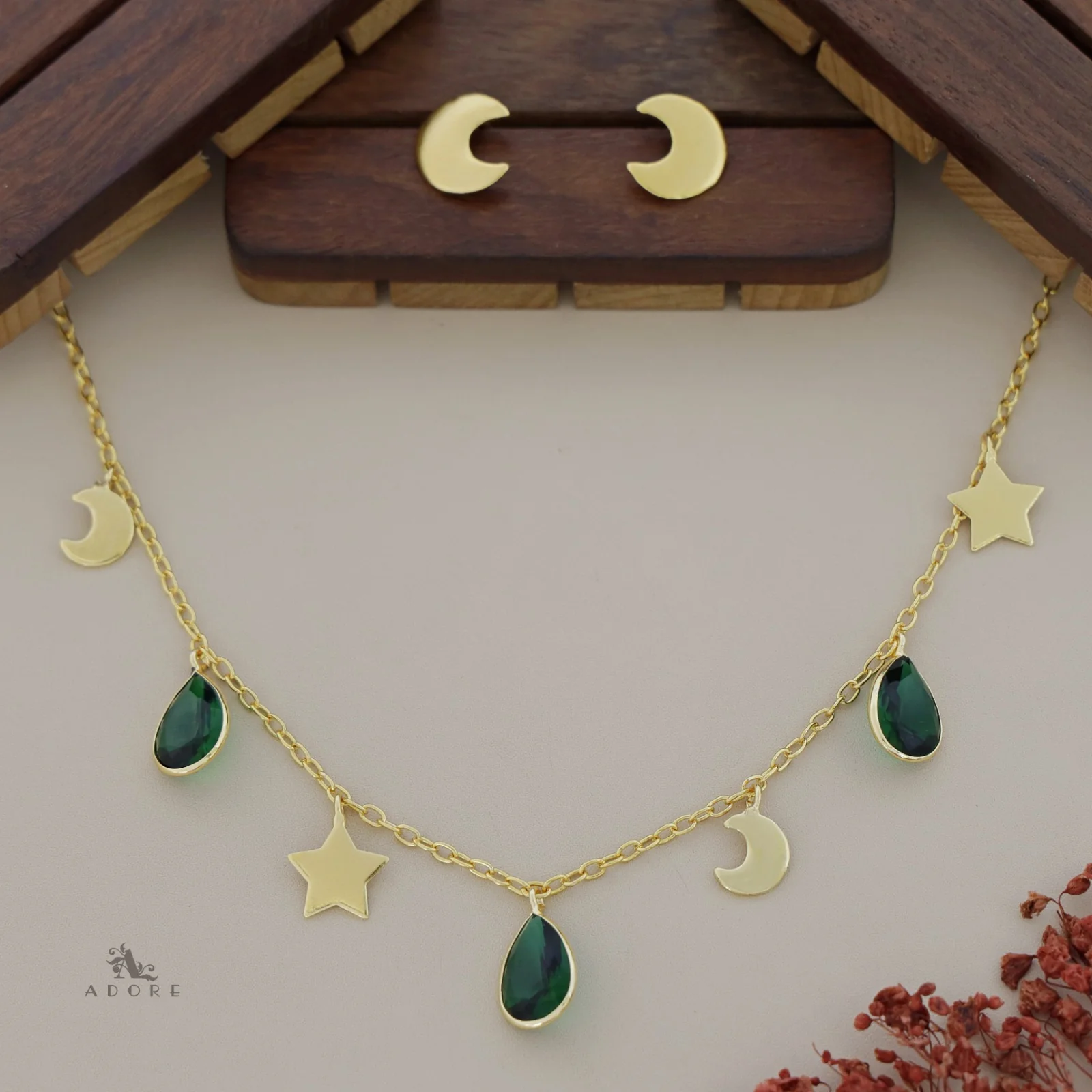 Astral Glossy Tri Drop Neckpiece With Golden Moon Stud - Image 6