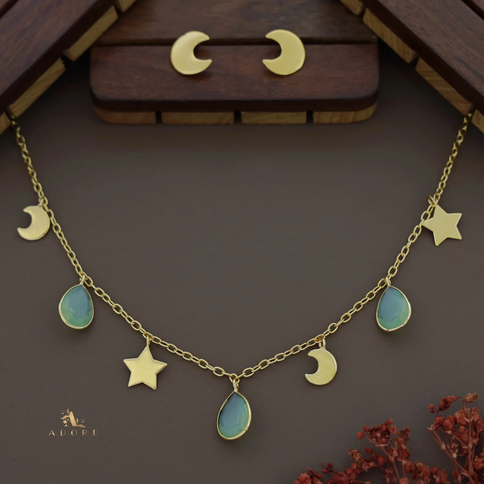 Astral Glossy Tri Drop Neckpiece With Golden Moon Stud - Image 7