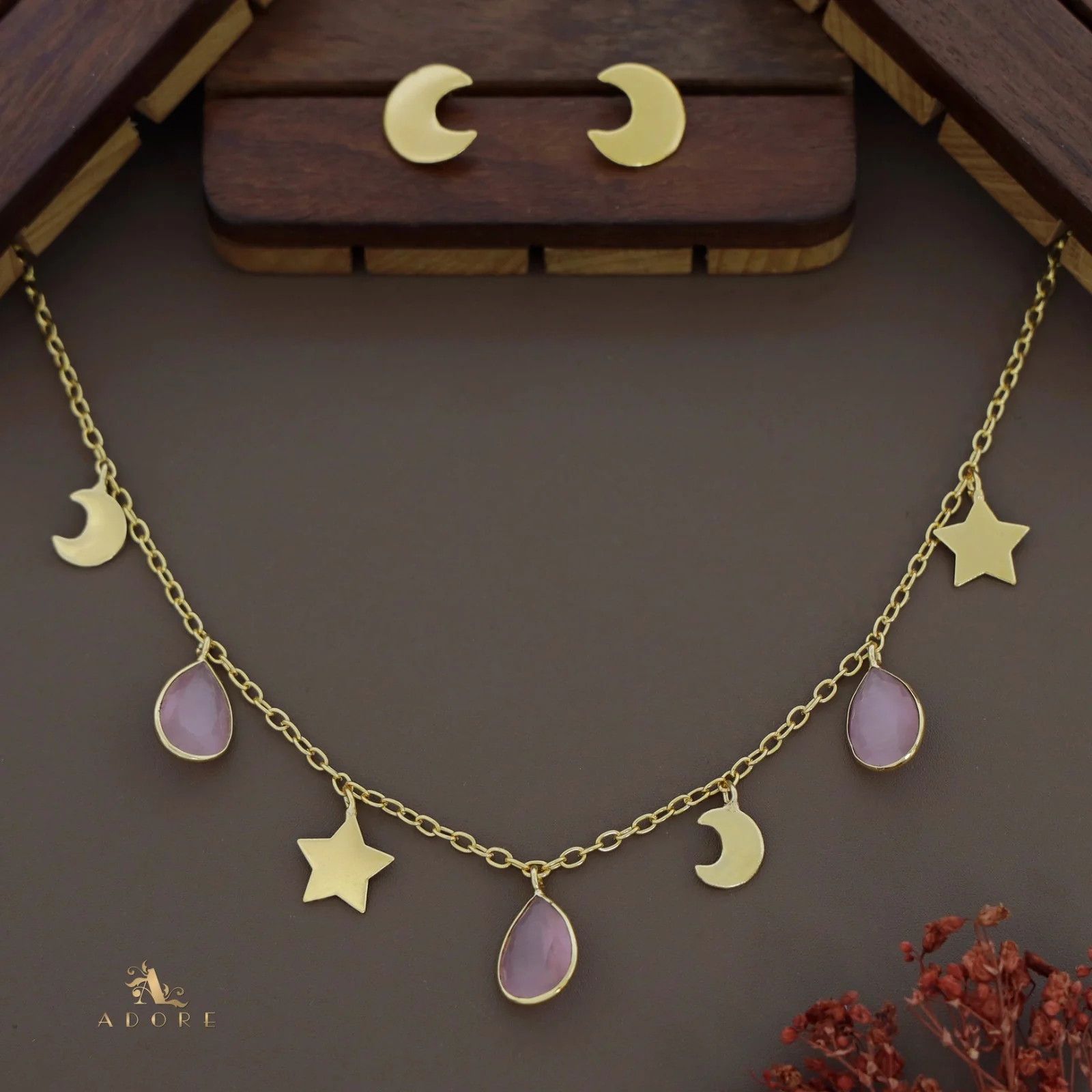Astral Glossy Tri Drop Neckpiece With Golden Moon Stud - Image 8