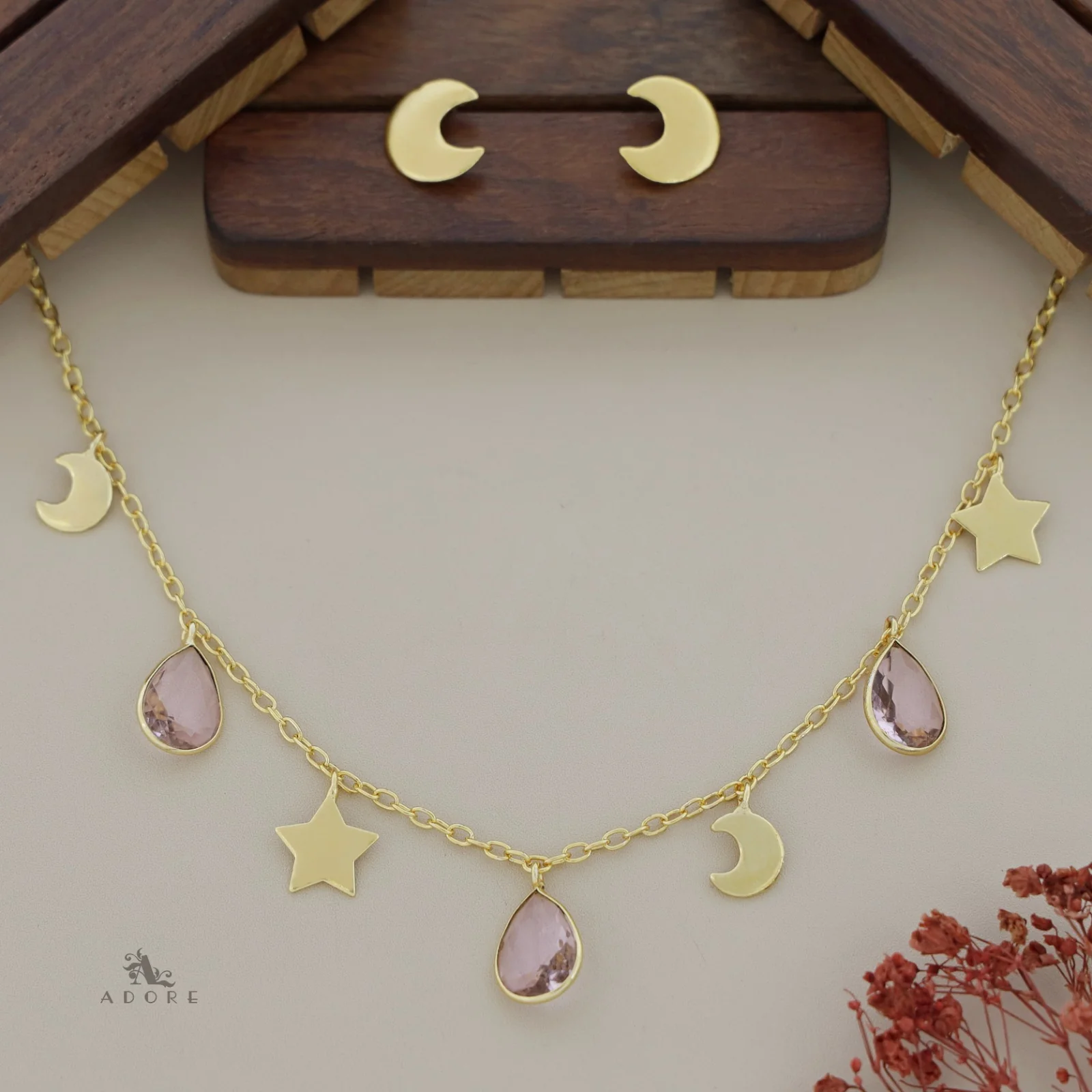 Astral Glossy Tri Drop Neckpiece With Golden Moon Stud - Image 9