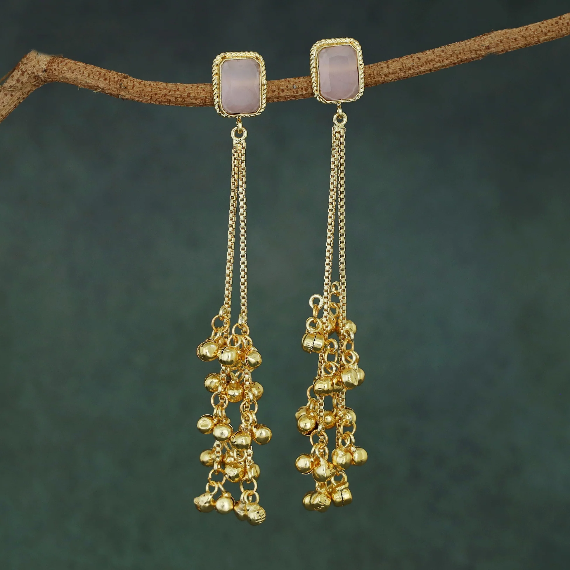 Atiya Golden Hanging Ghungroo Rectangle Glossy Stone Earring - Image 10