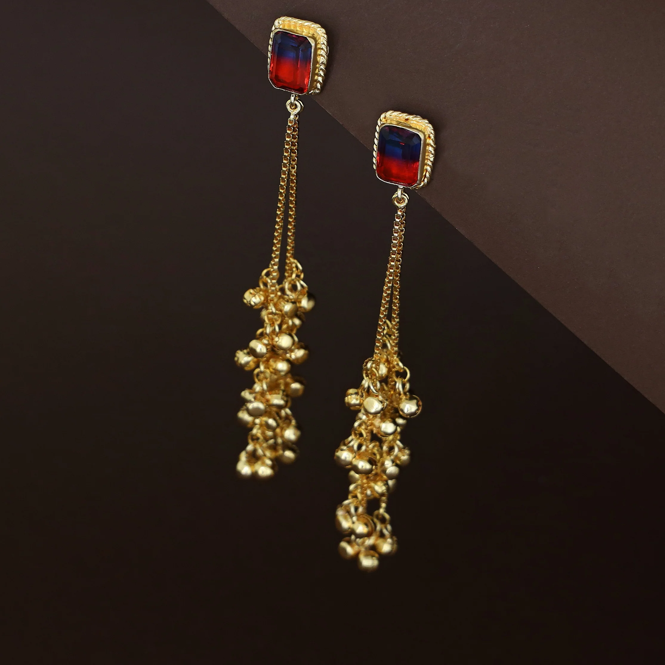 Atiya Golden Hanging Ghungroo Rectangle Glossy Stone Earring - Image 11