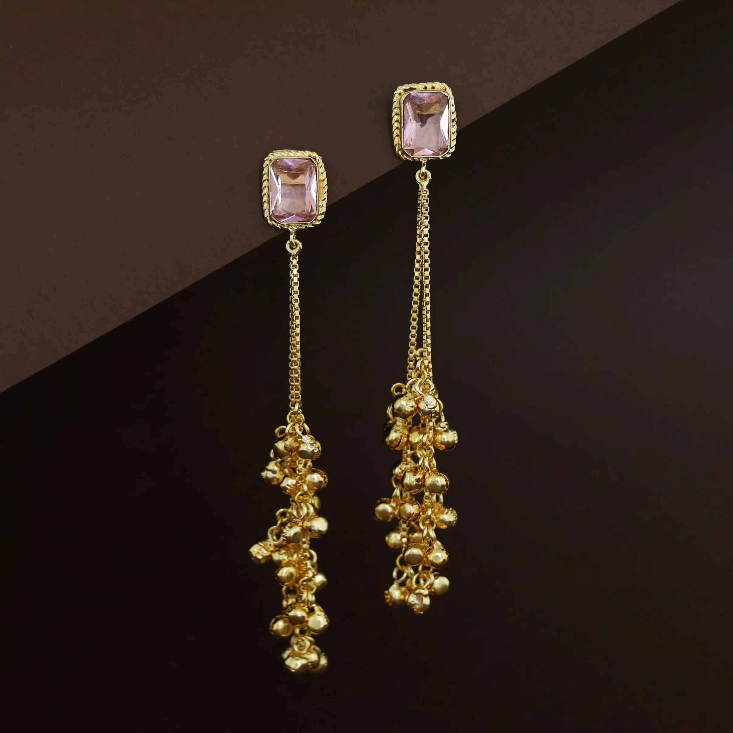 Atiya Golden Hanging Ghungroo Rectangle Glossy Stone Earring - Image 12