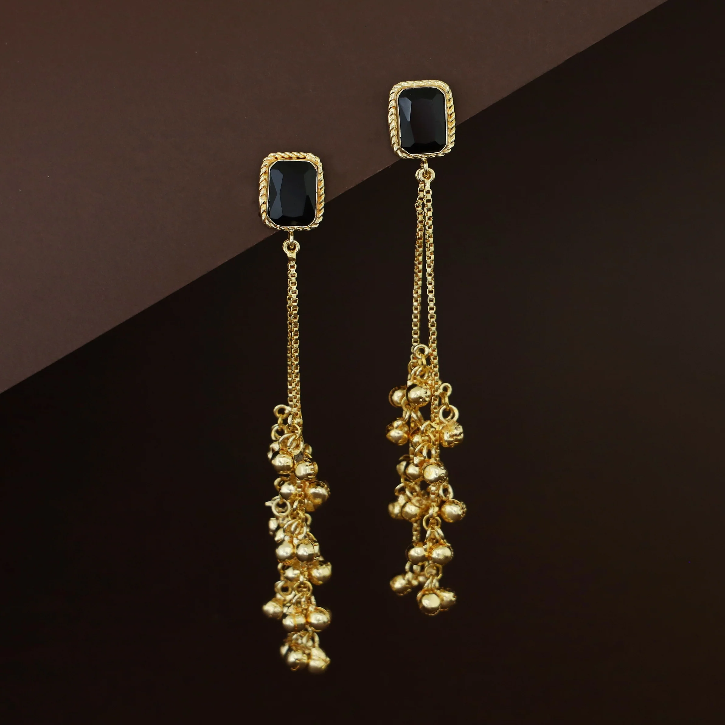 Atiya Golden Hanging Ghungroo Rectangle Glossy Stone Earring - Image 13