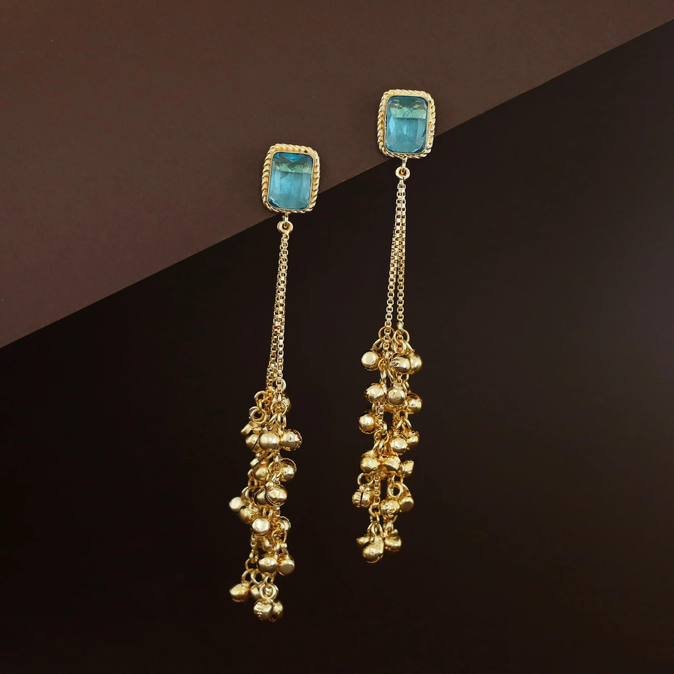 Atiya Golden Hanging Ghungroo Rectangle Glossy Stone Earring - Image 14