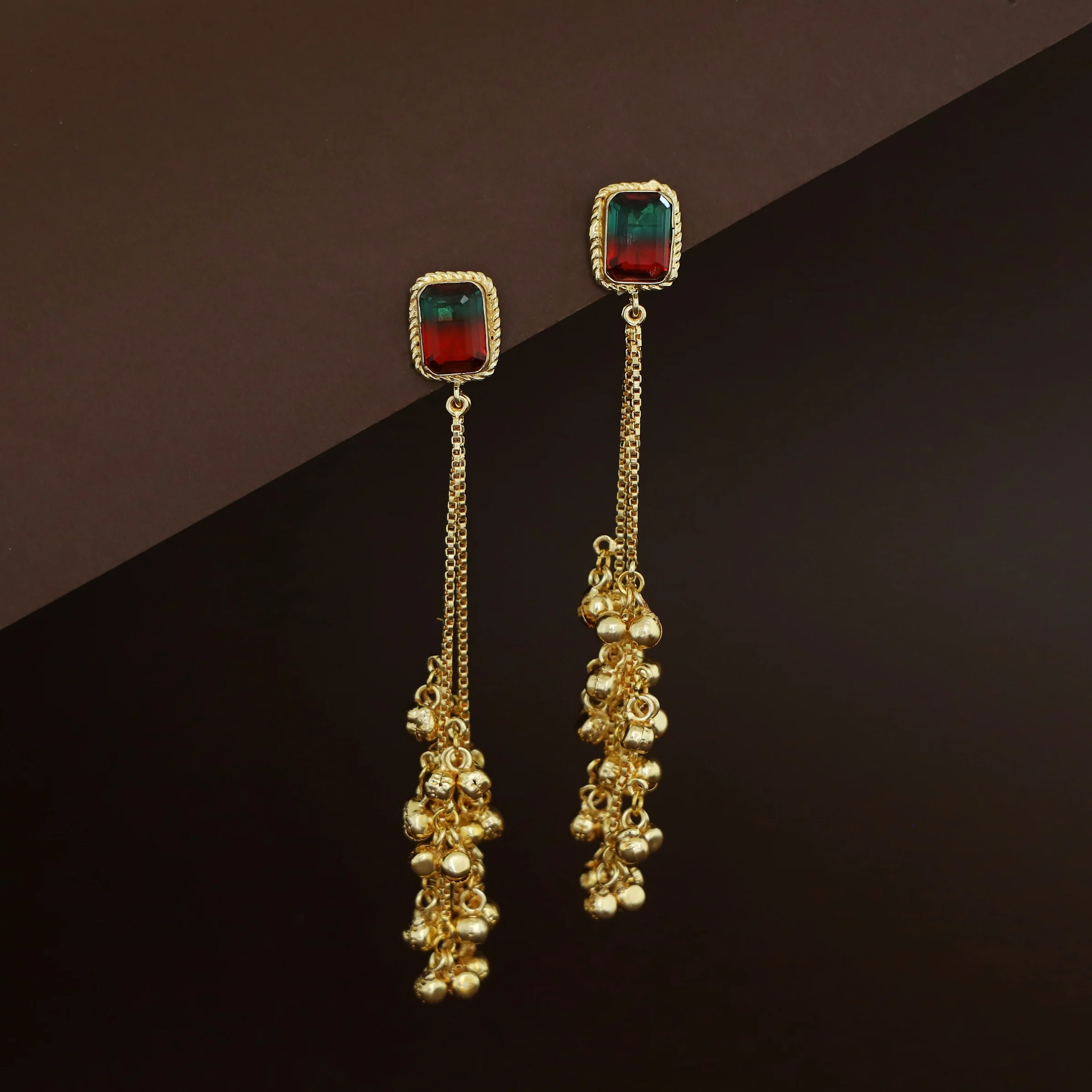 Atiya Golden Hanging Ghungroo Rectangle Glossy Stone Earring - Image 15
