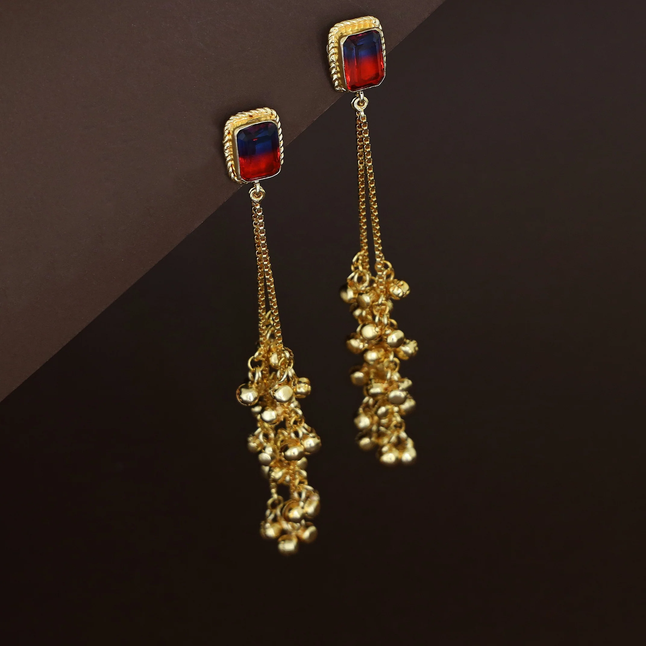 Atiya Golden Hanging Ghungroo Rectangle Glossy Stone Earring - Image 16