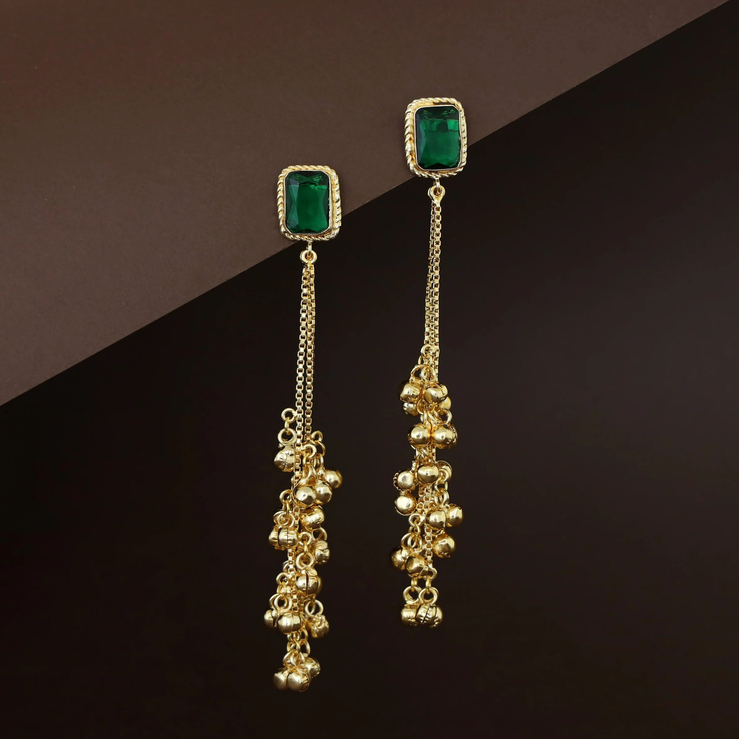 Atiya Golden Hanging Ghungroo Rectangle Glossy Stone Earring - Image 2