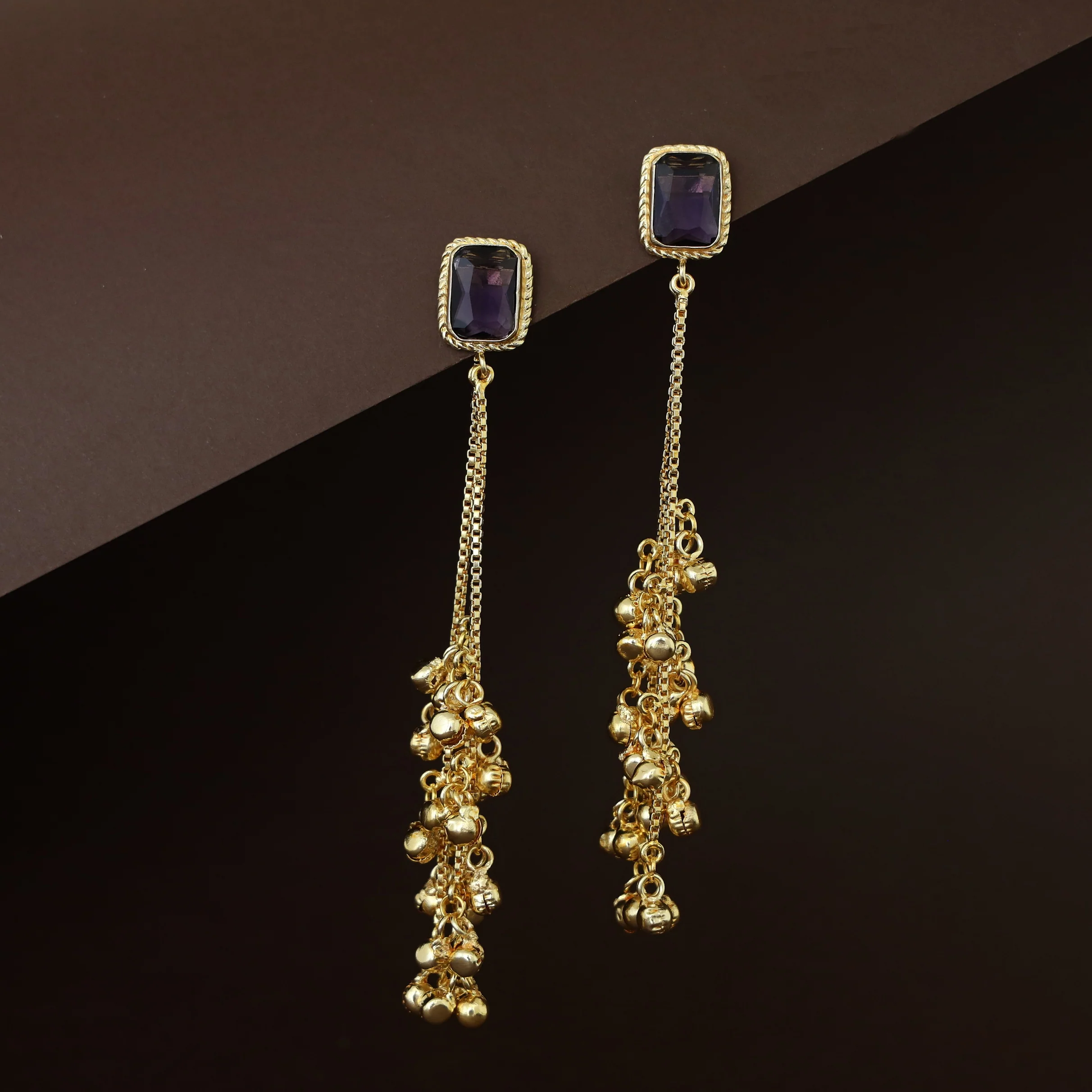 Atiya Golden Hanging Ghungroo Rectangle Glossy Stone Earring - Image 3