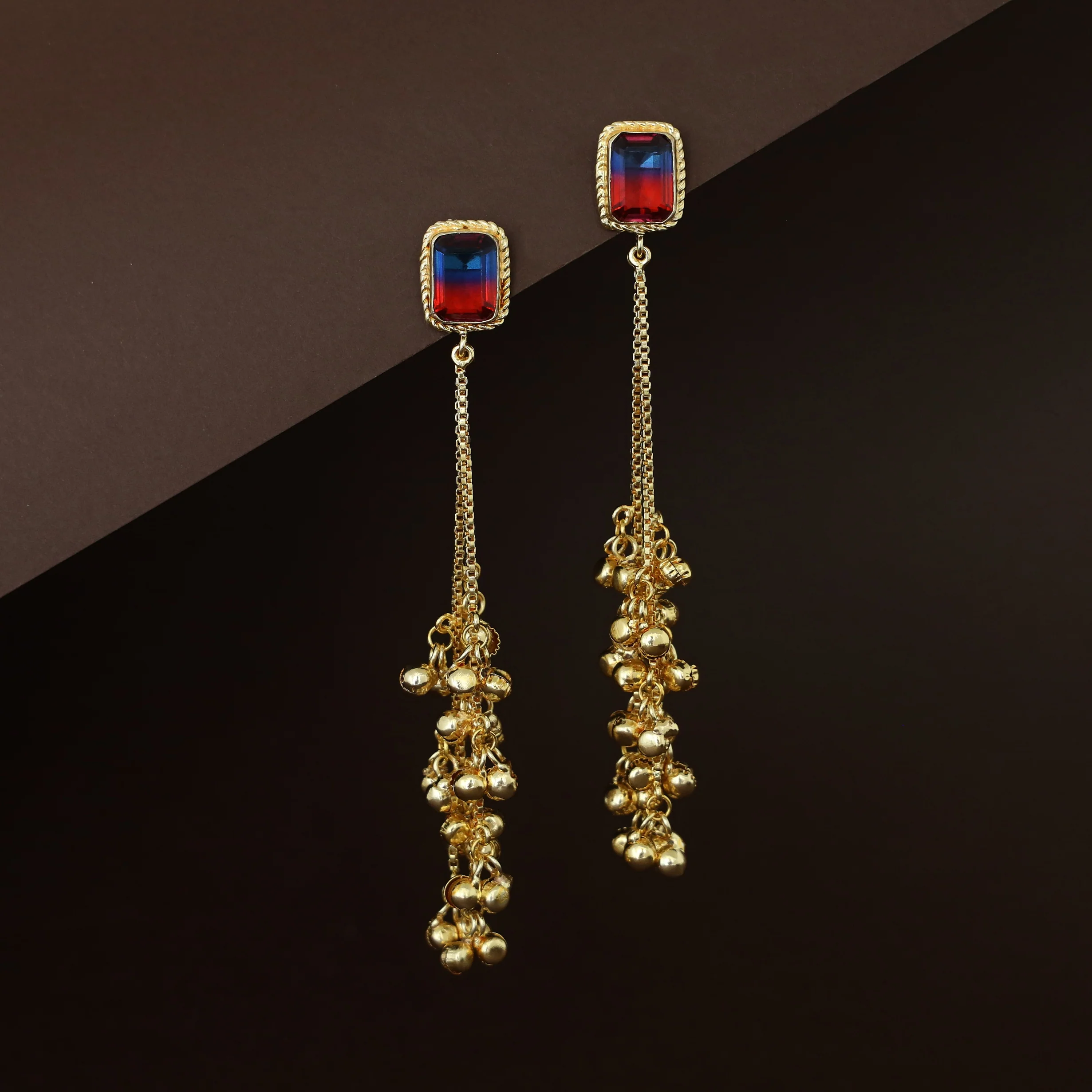Atiya Golden Hanging Ghungroo Rectangle Glossy Stone Earring - Image 4