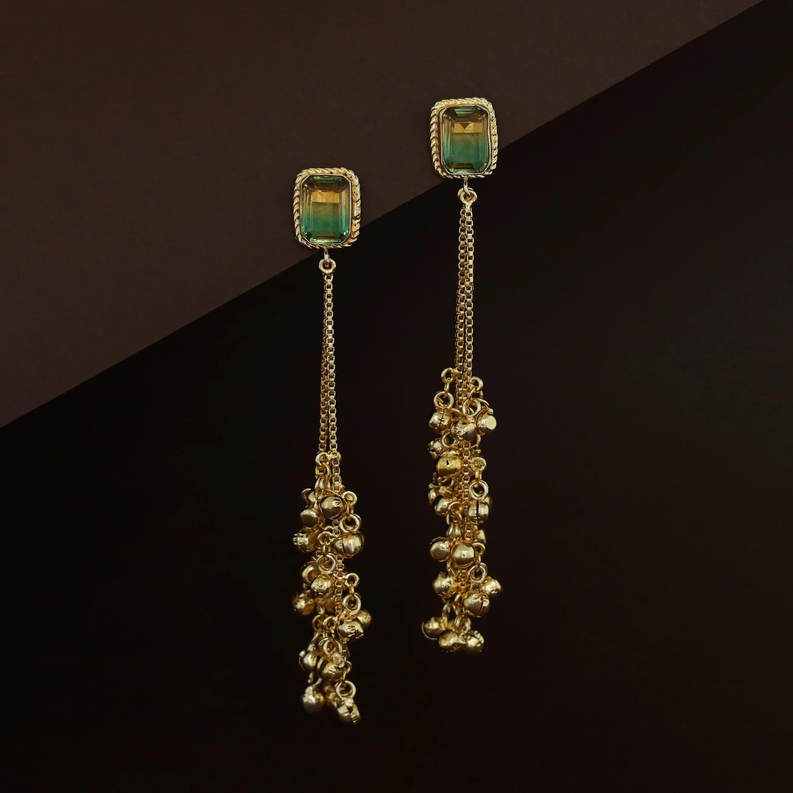 Atiya Golden Hanging Ghungroo Rectangle Glossy Stone Earring - Image 5
