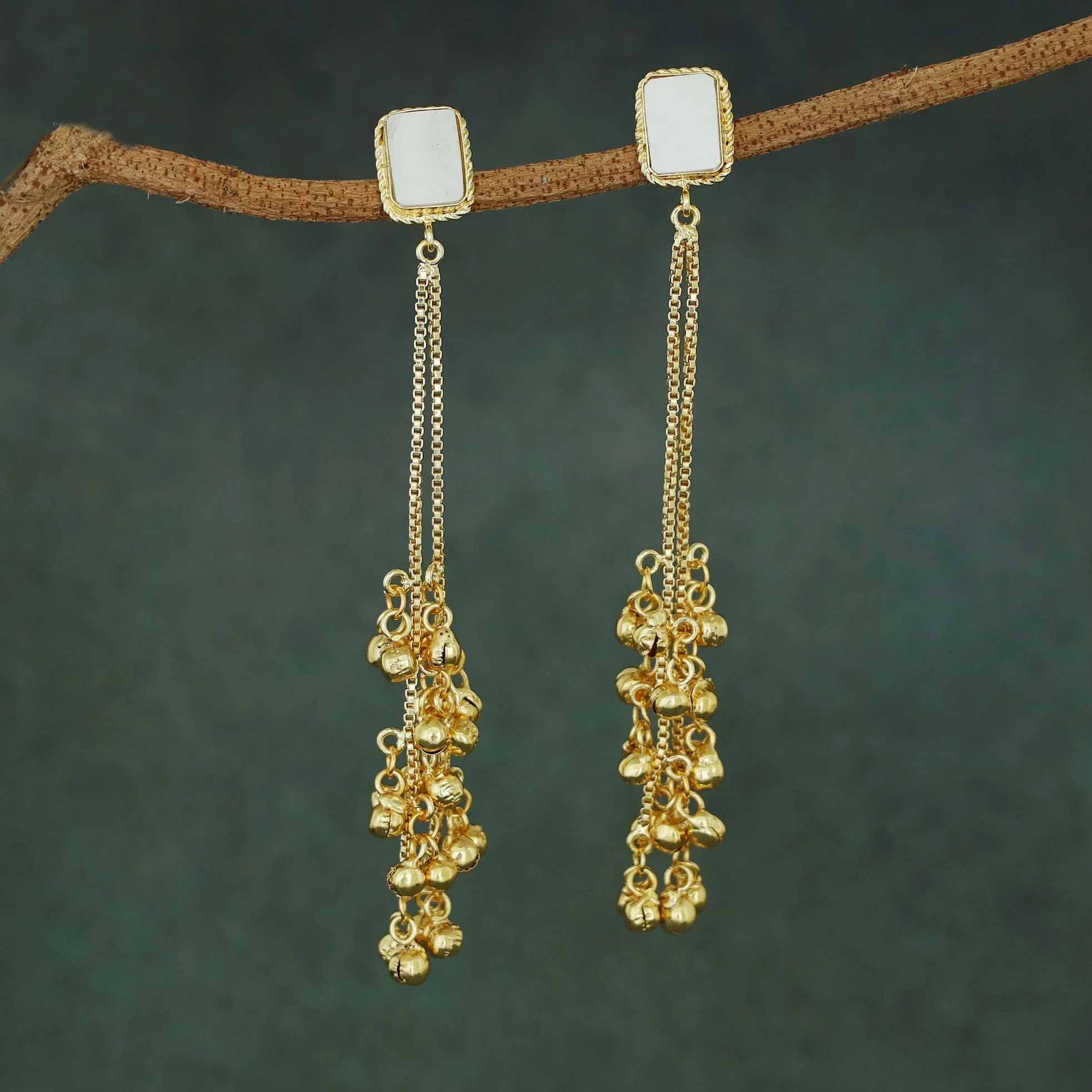 Atiya Golden Hanging Ghungroo Rectangle Glossy Stone Earring - Image 6