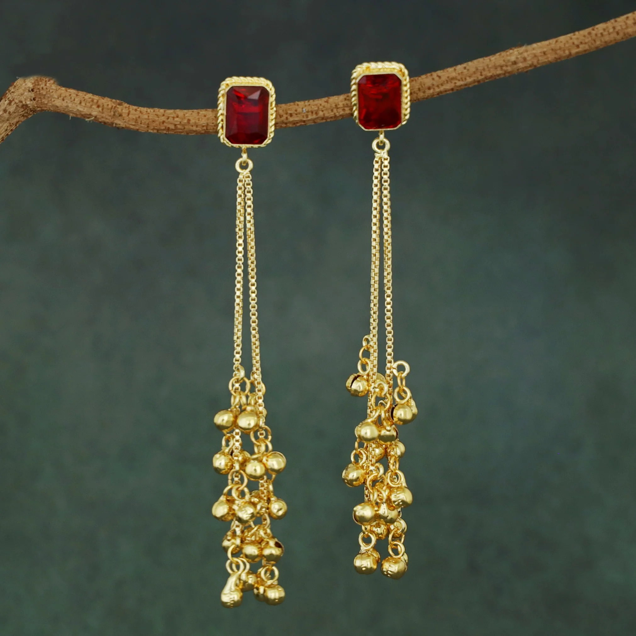 Atiya Golden Hanging Ghungroo Rectangle Glossy Stone Earring - Image 7