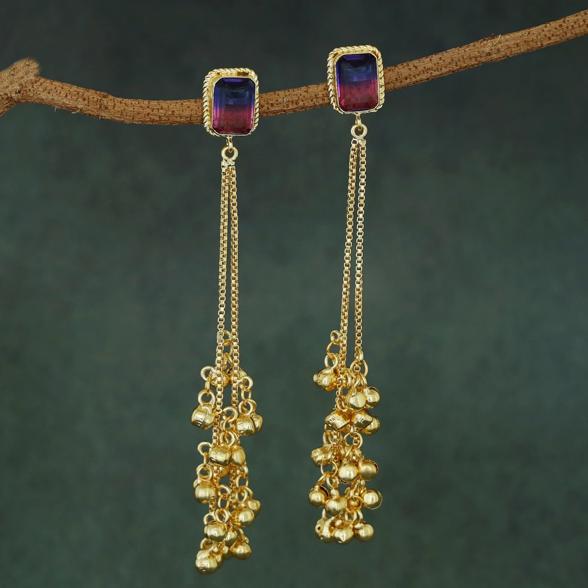 Atiya Golden Hanging Ghungroo Rectangle Glossy Stone Earring - Image 8