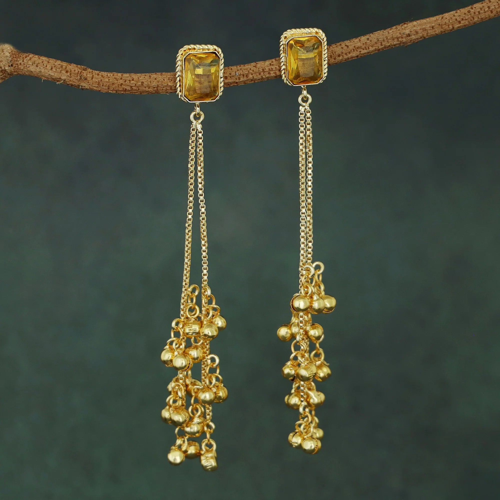 Atiya Golden Hanging Ghungroo Rectangle Glossy Stone Earring - Image 9