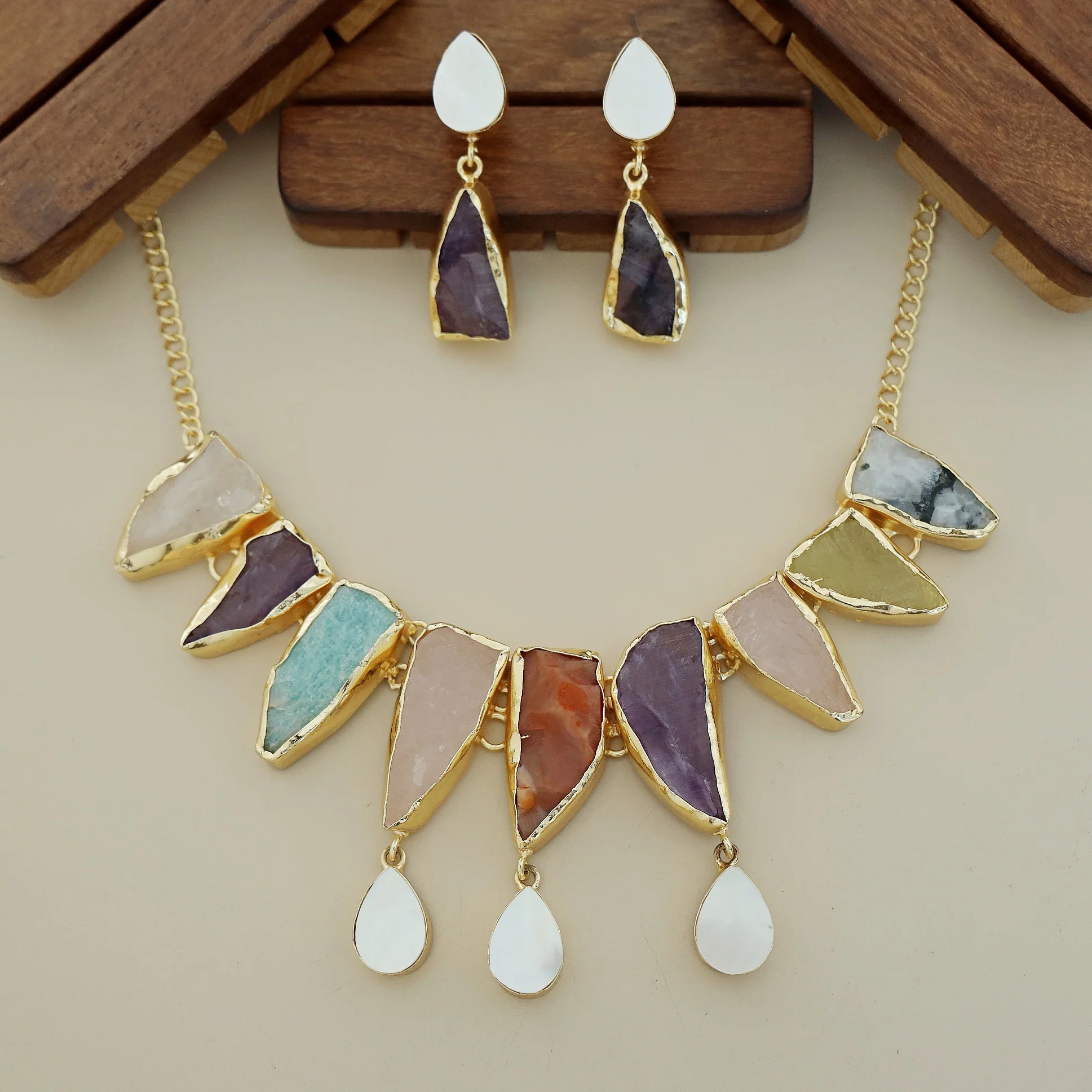 Augusta MOP + Dyed + Raw Stone Short Neckpiece With Earring - Image 12
