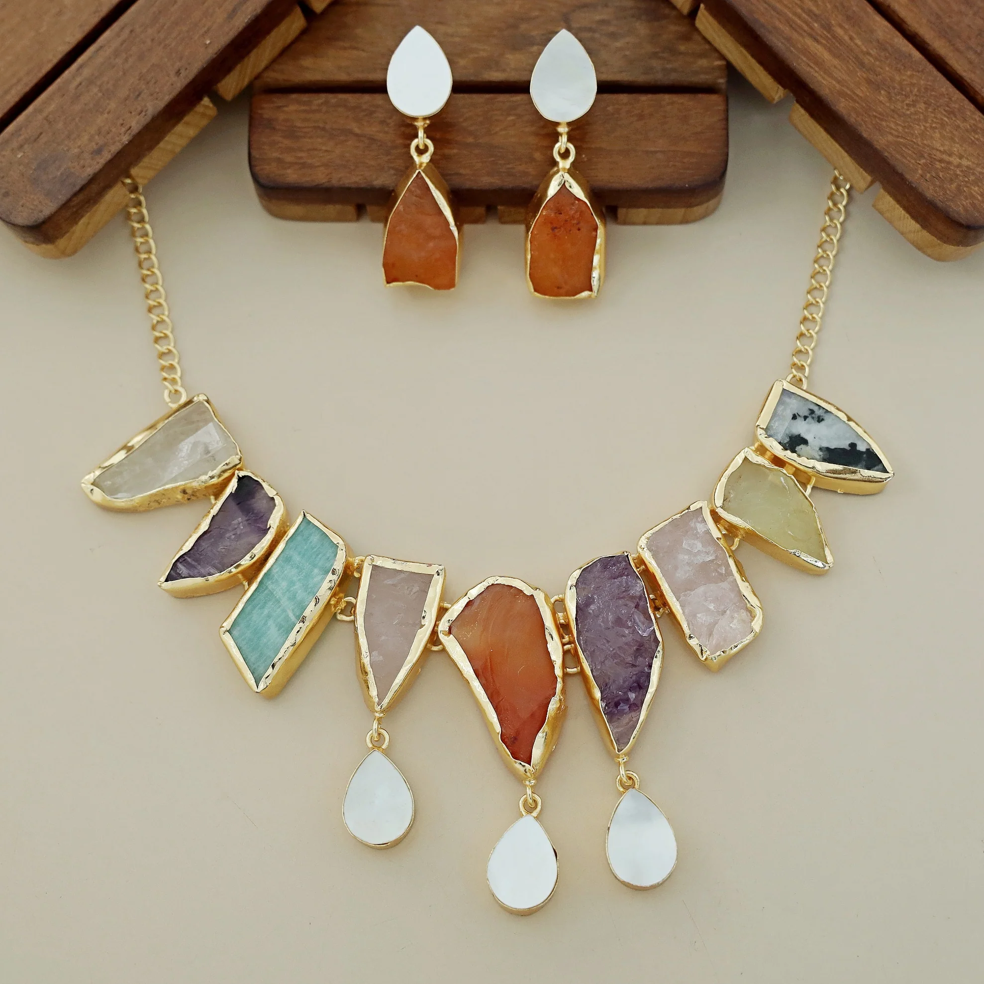 Augusta MOP + Dyed + Raw Stone Short Neckpiece With Earring - Image 13