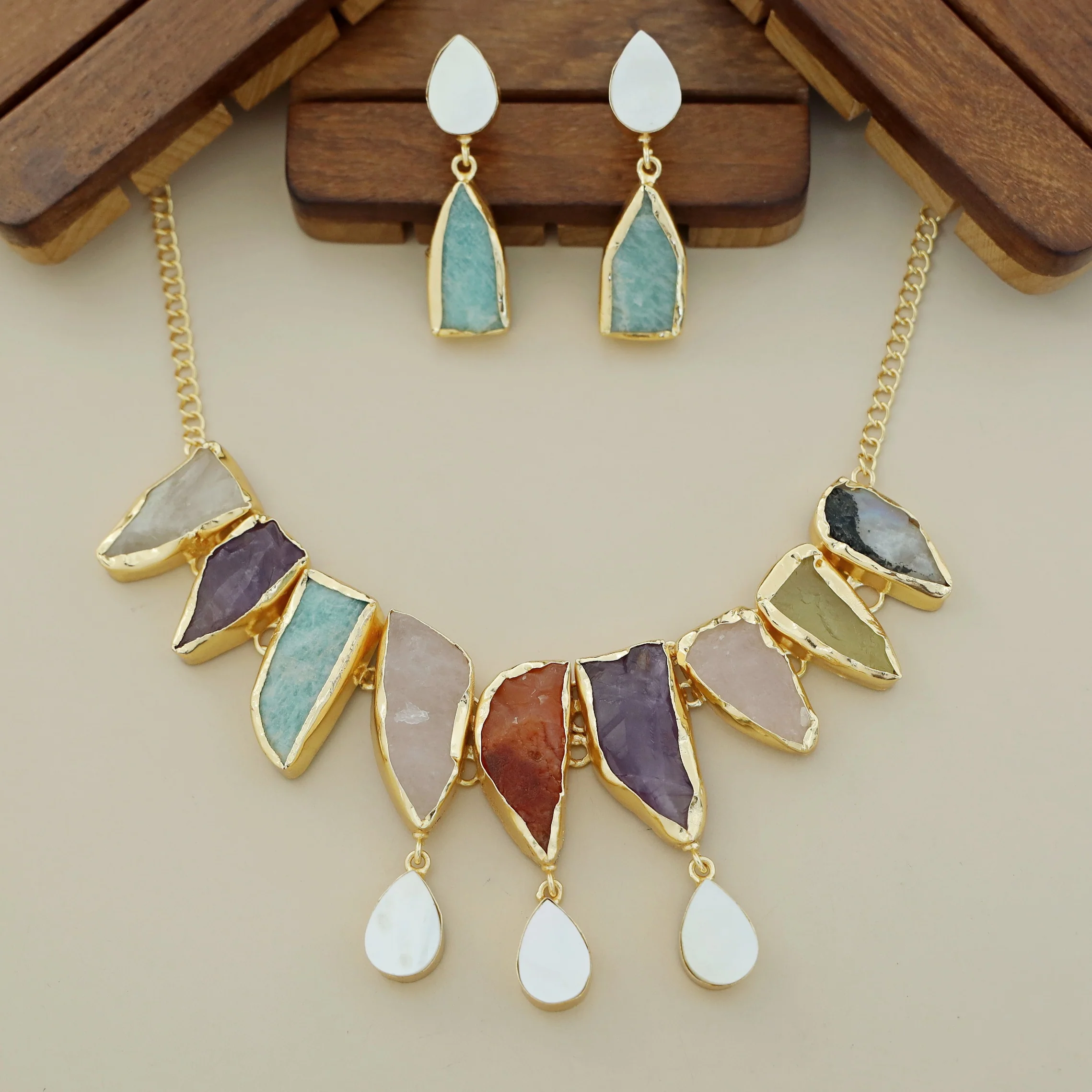 Augusta MOP + Dyed + Raw Stone Short Neckpiece With Earring - Image 20