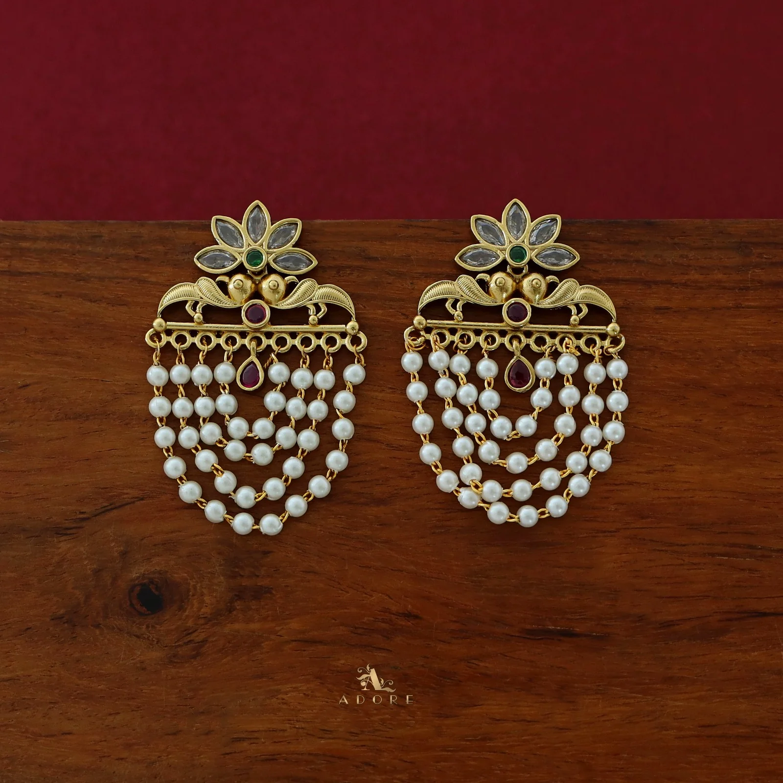 Avantika Floral 4 Layer Cluster Pearl Earring - Image 3
