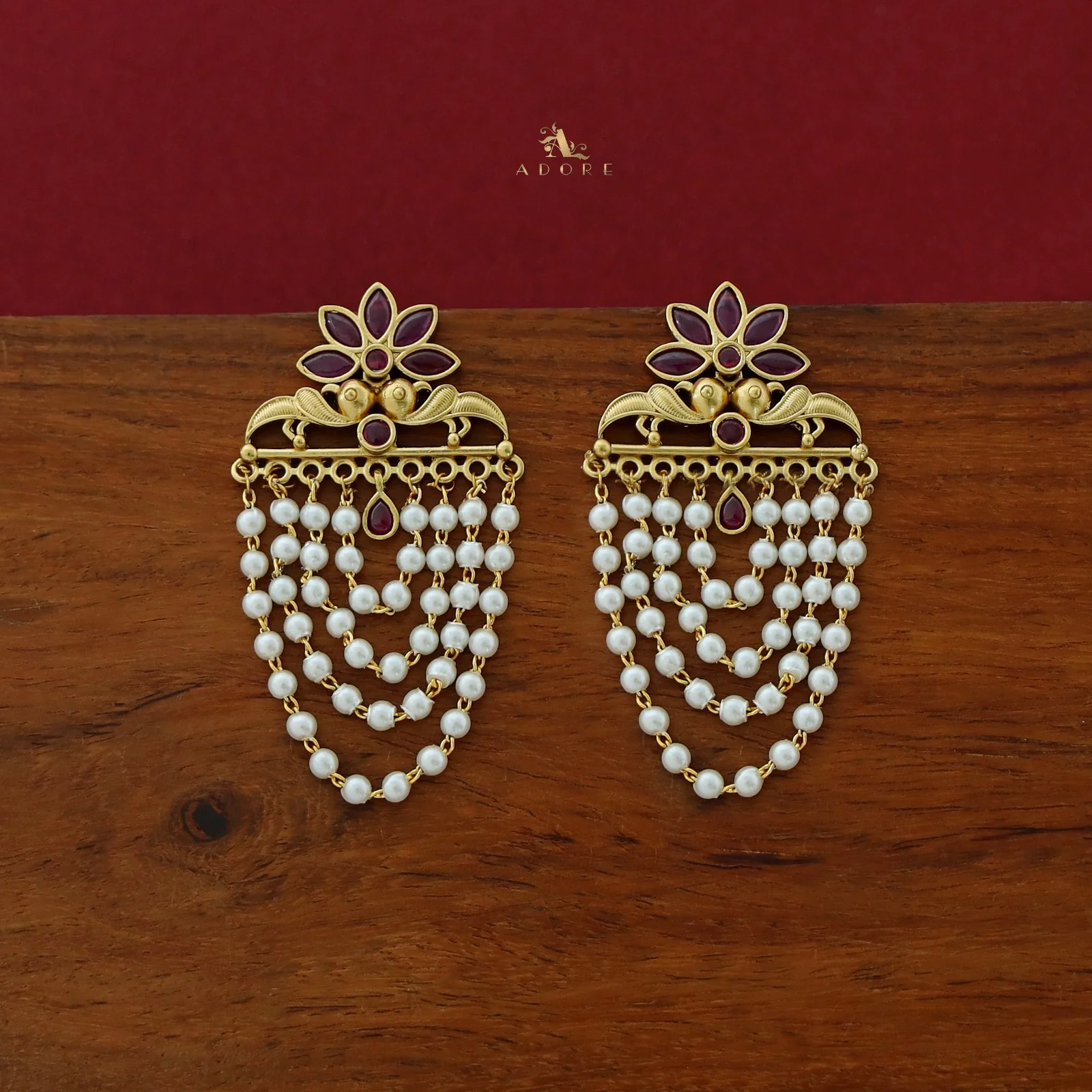 Avantika Floral 4 Layer Cluster Pearl Earring - Image 4