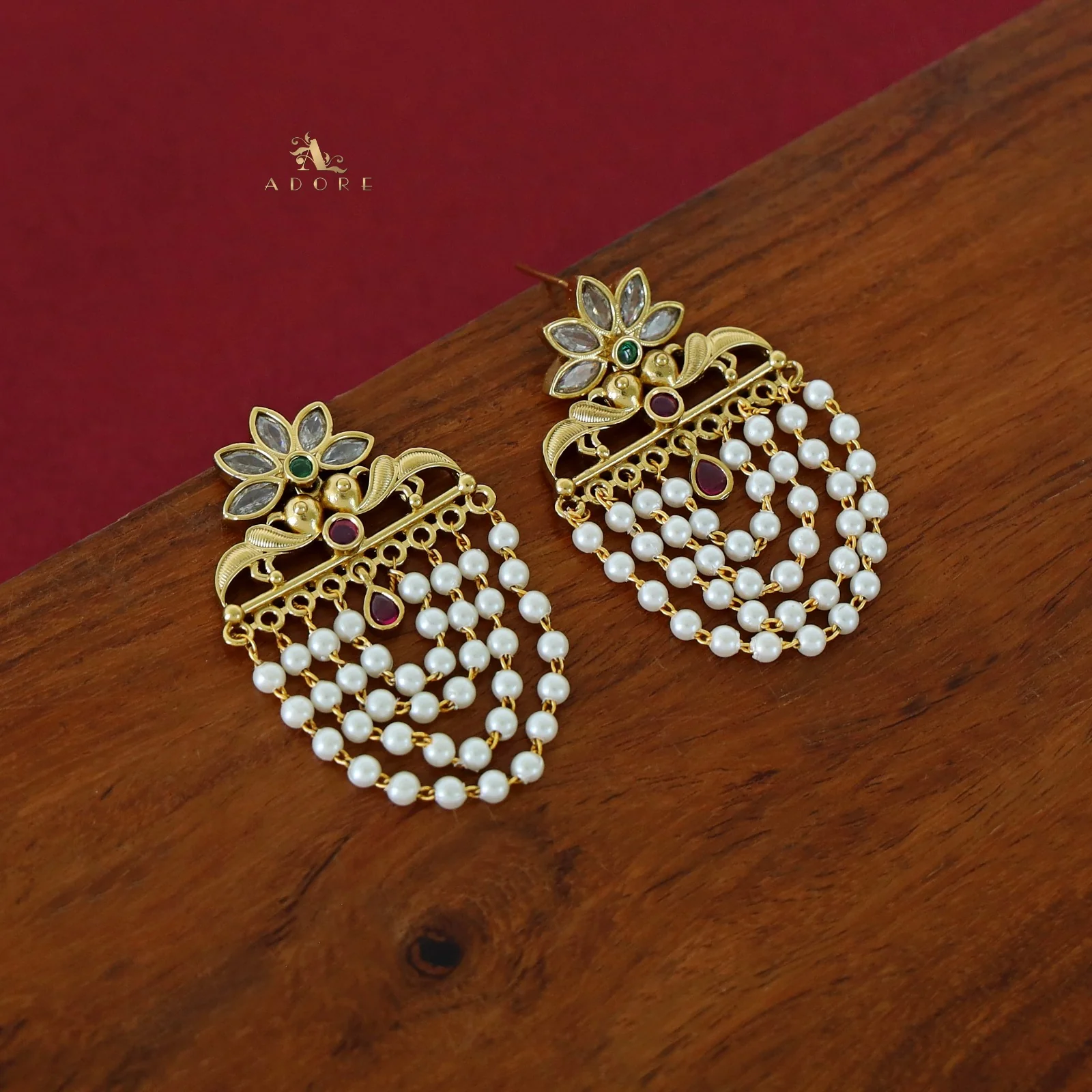 Avantika Floral 4 Layer Cluster Pearl Earring - Image 5