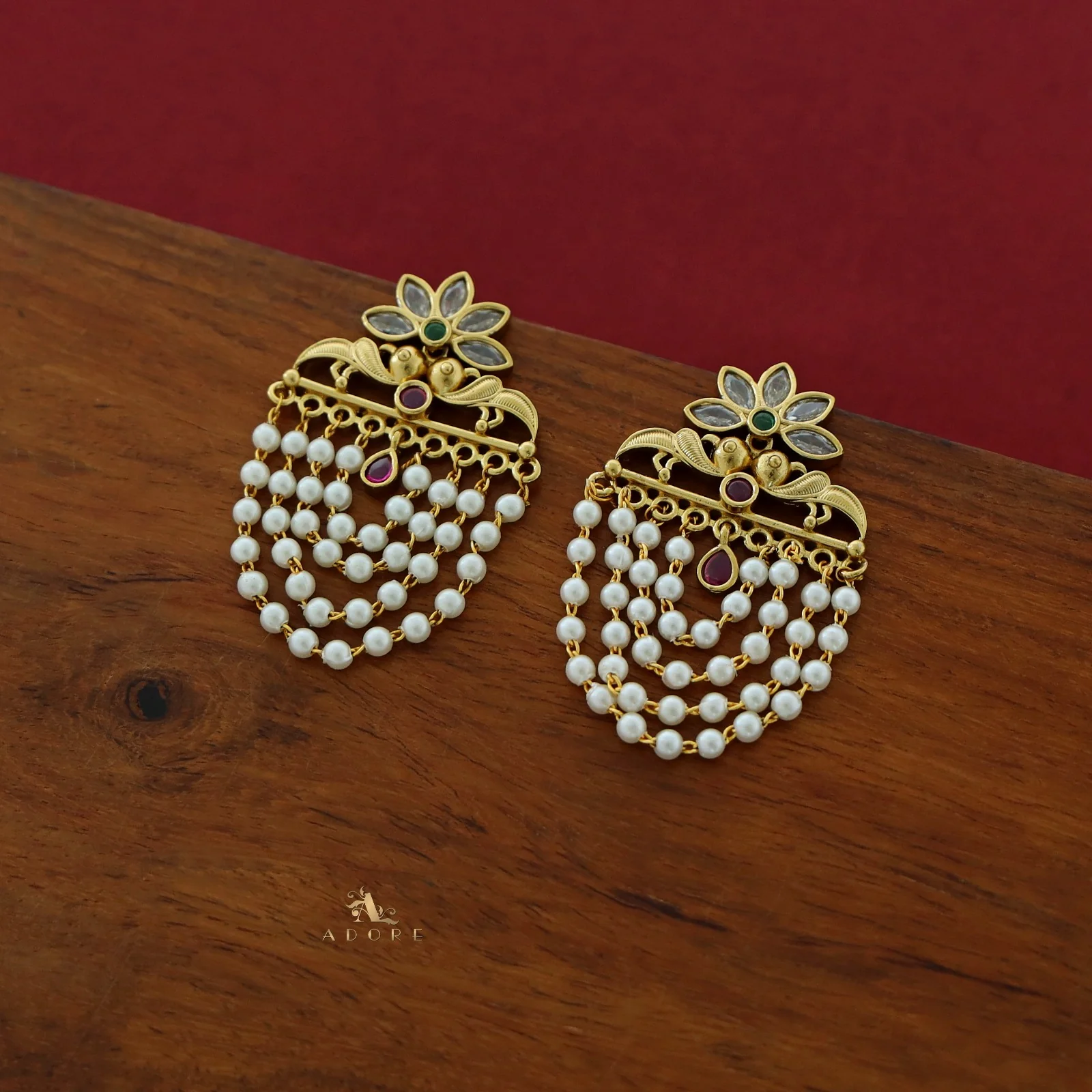 Avantika Floral 4 Layer Cluster Pearl Earring - Image 6