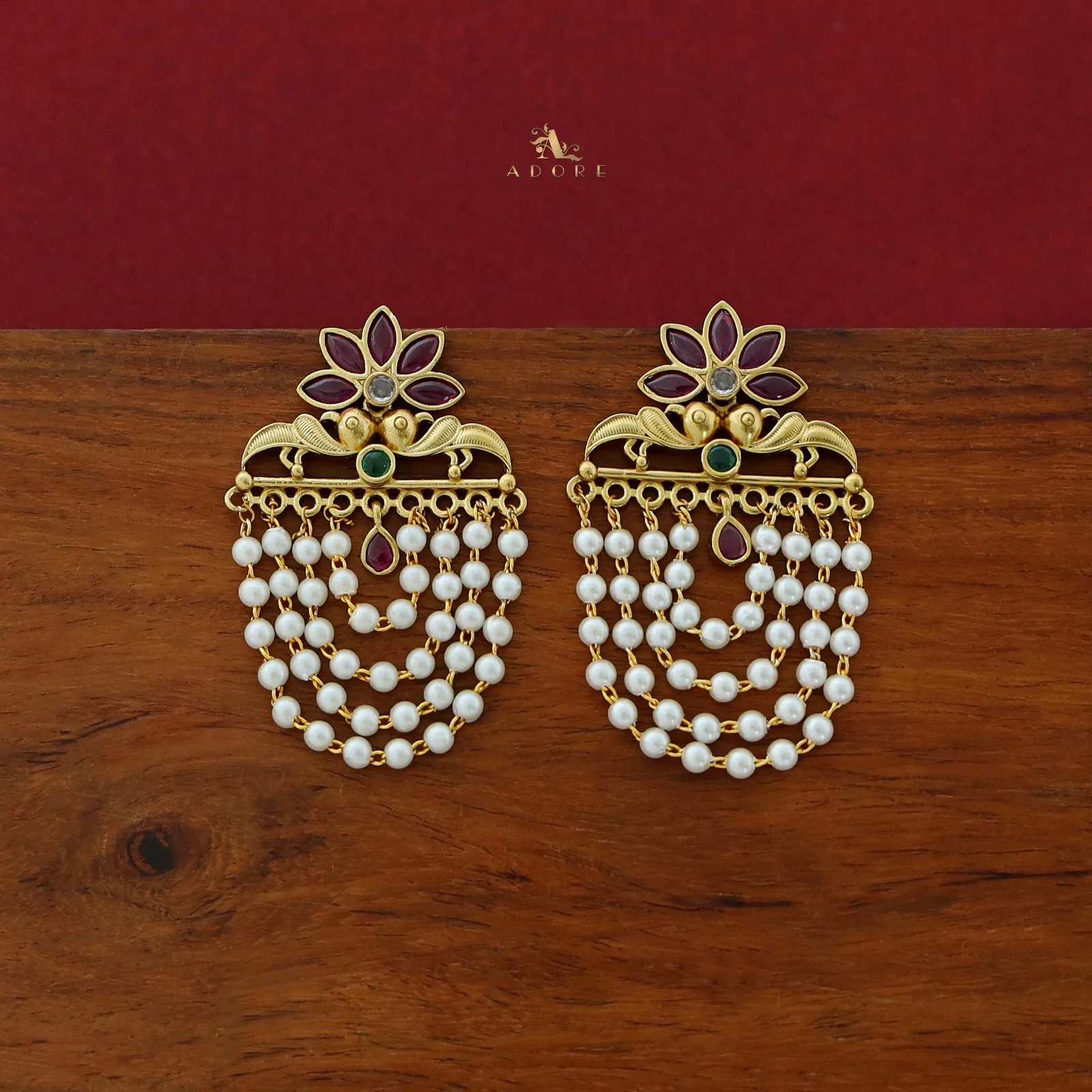 Avantika Floral 4 Layer Cluster Pearl Earring - Image 7