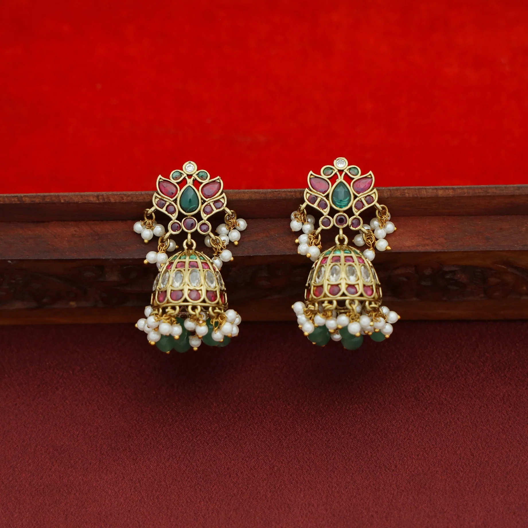 Ayansha Beaded Pearl Kemp Stone Jhumka - Image 2