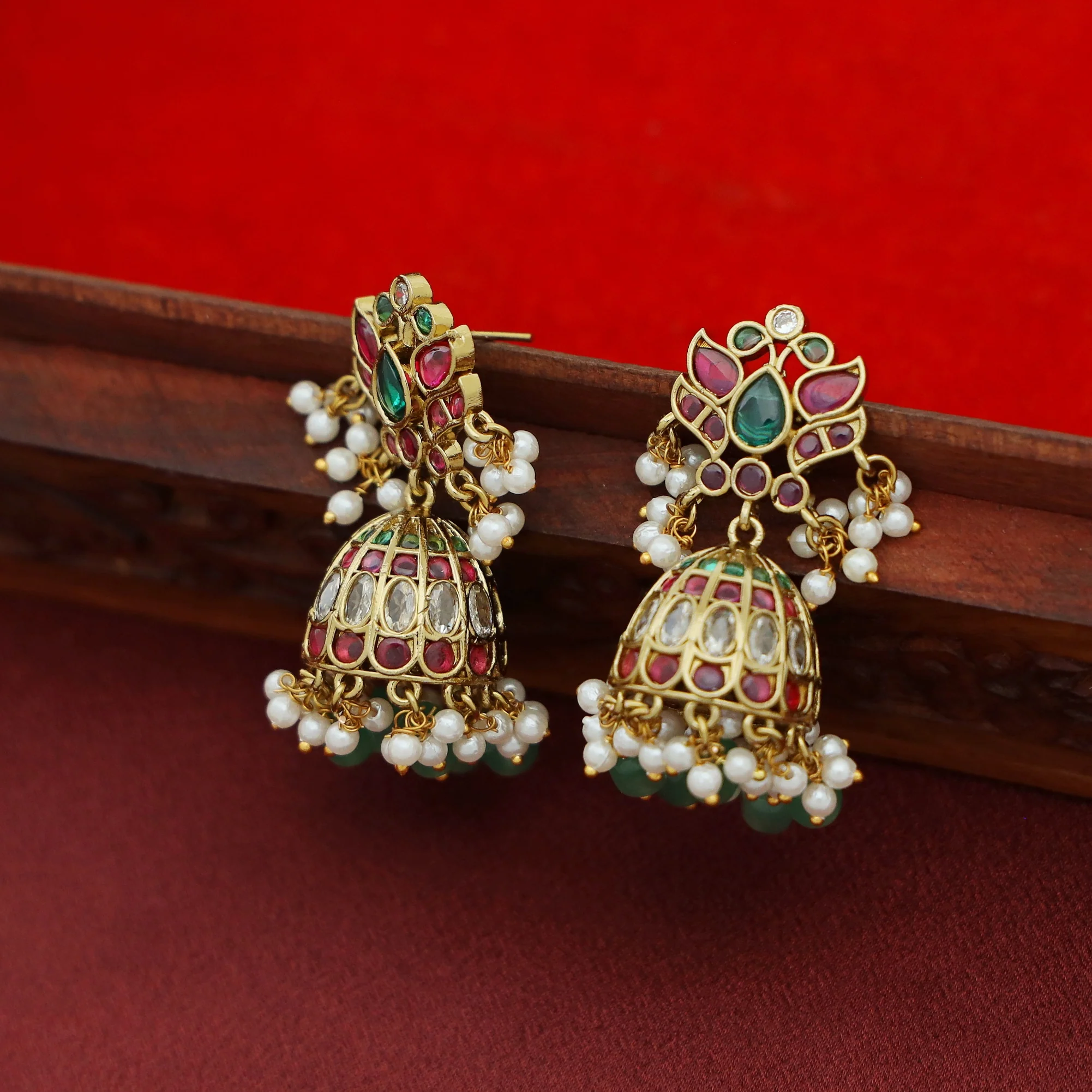 Ayansha Beaded Pearl Kemp Stone Jhumka - Image 3