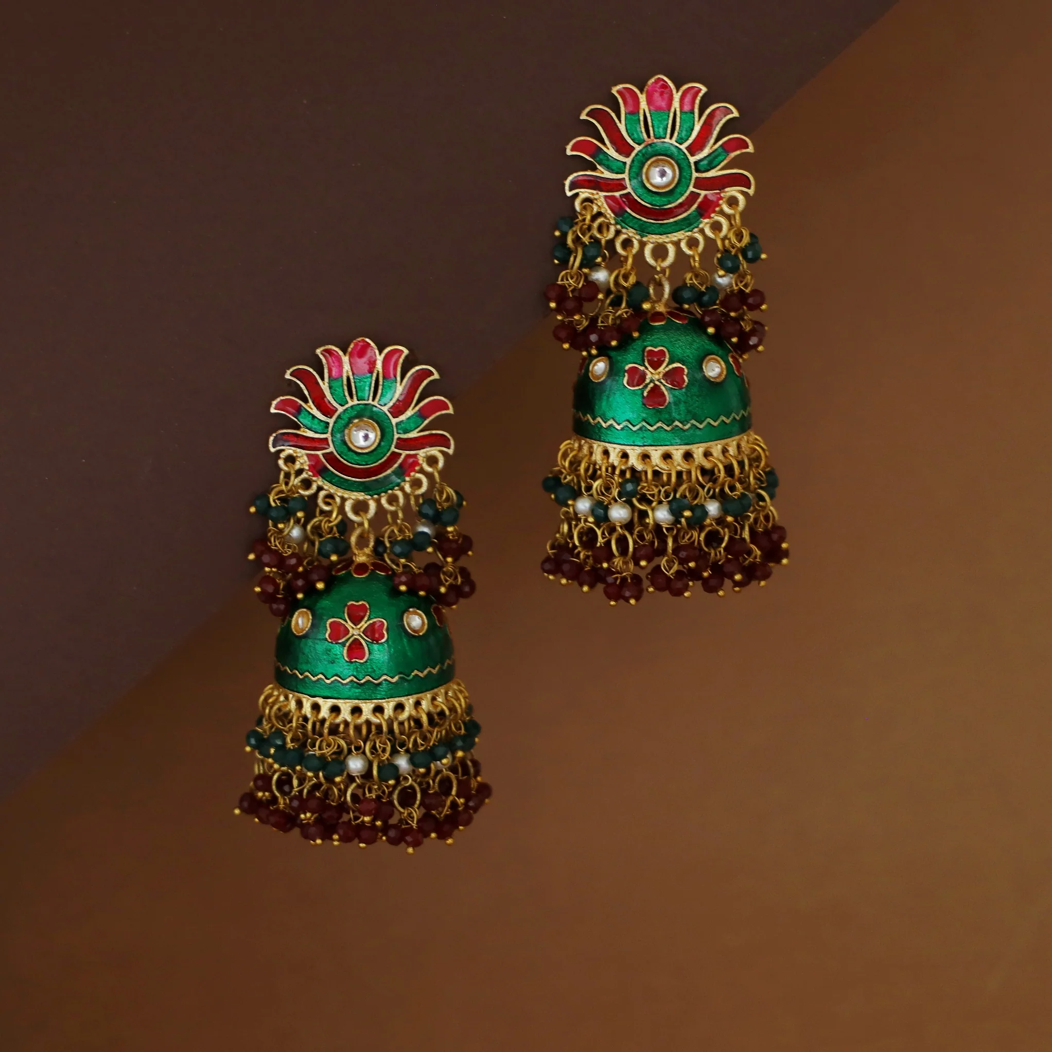 Ayshu Hand Painted Cluster Bead Kundan Jhumka - Image 2