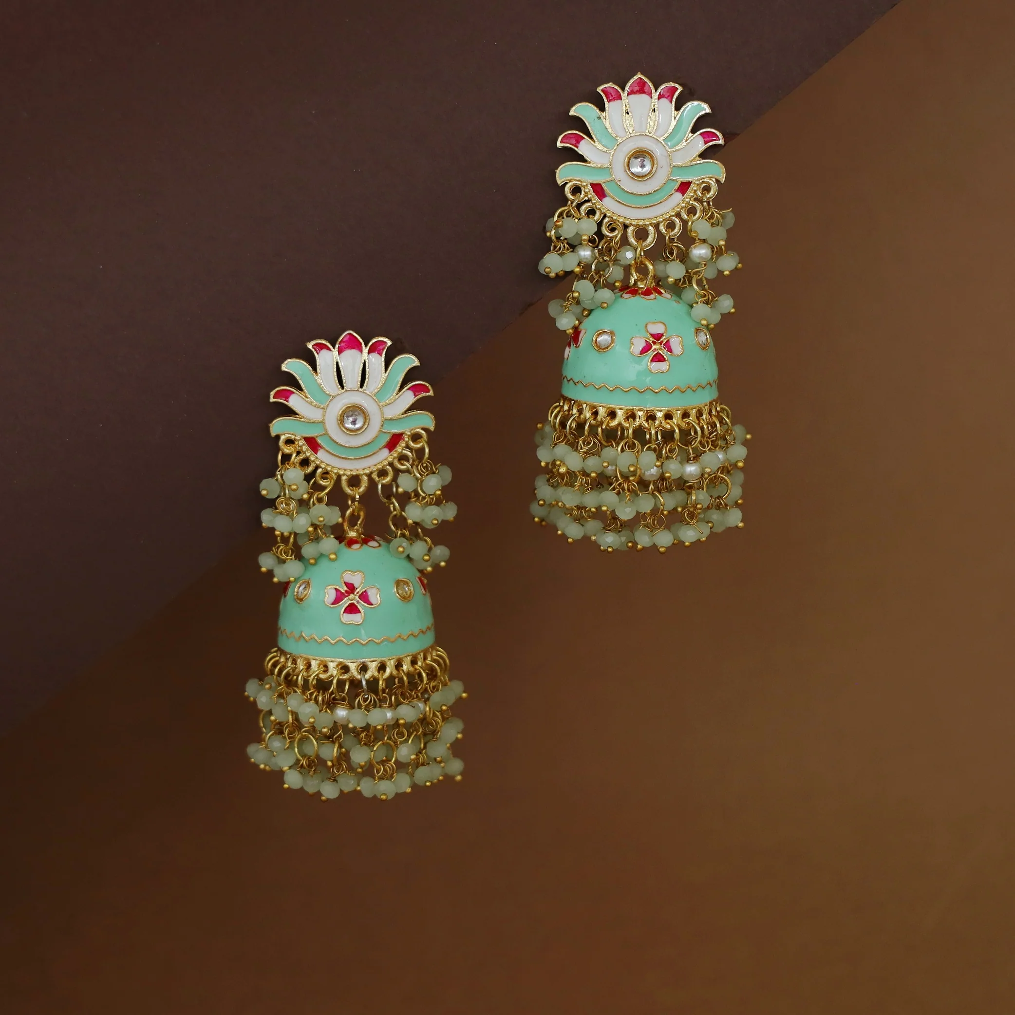 Ayshu Hand Painted Cluster Bead Kundan Jhumka - Image 6