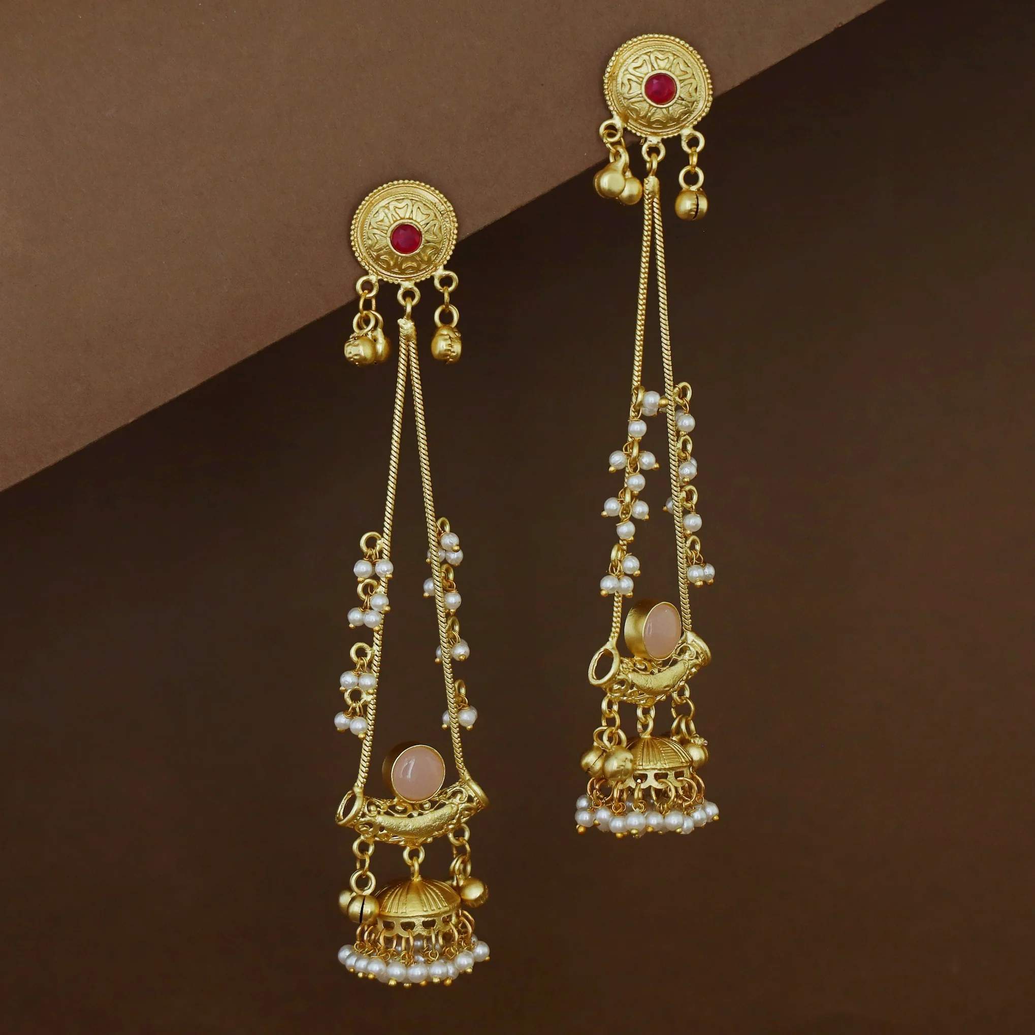 Baisakhi Ghunguroo Pearl Kashmiri Hanging Jhumka - Image 2