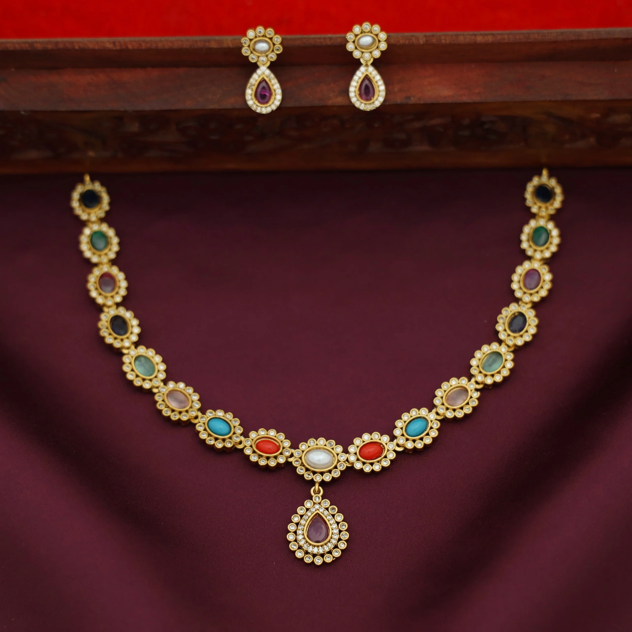 Navratna Multicolour Oval Stone Short Neckpiece With Earring - Image 2