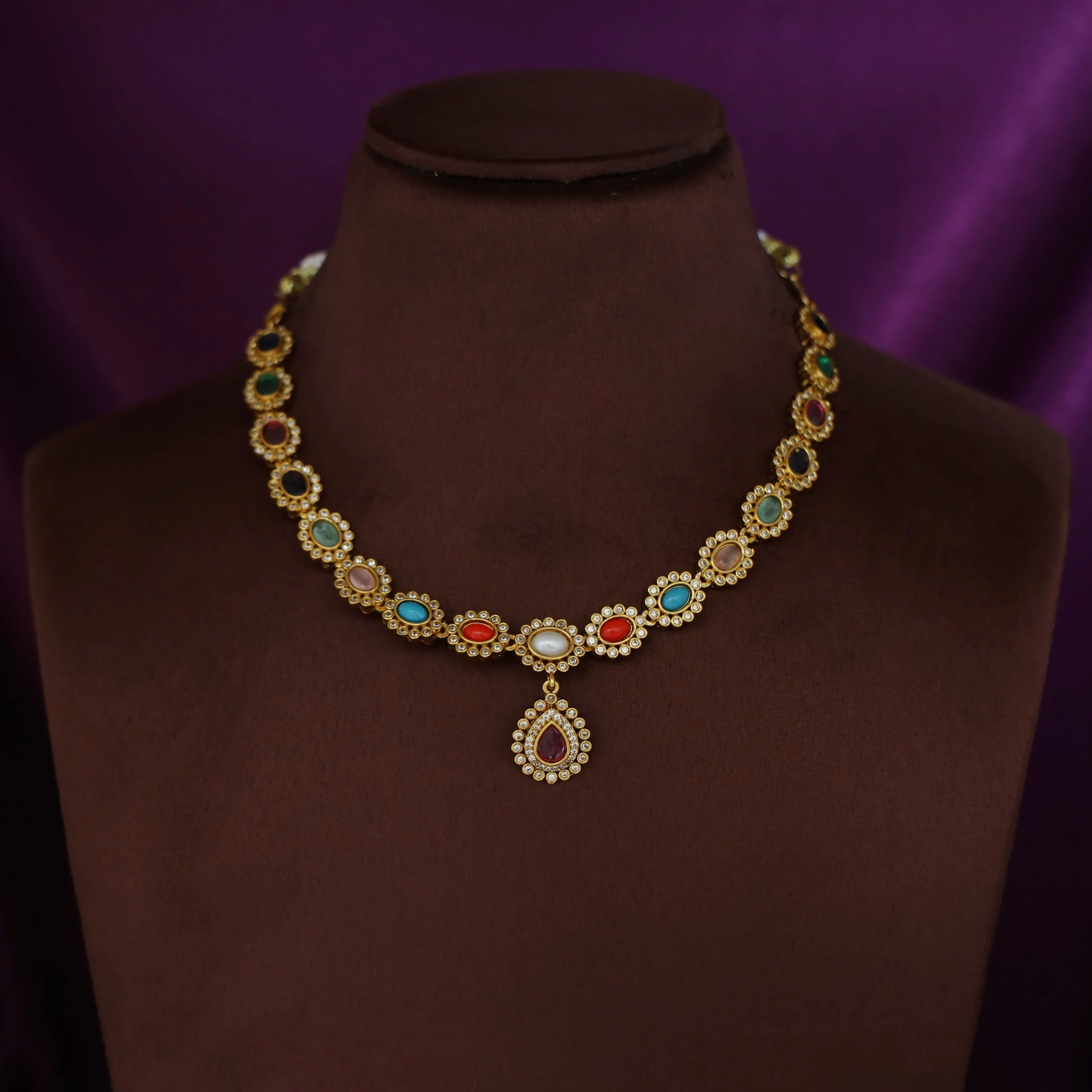 Navratna Multicolour Oval Stone Short Neckpiece With Earring - Image 3