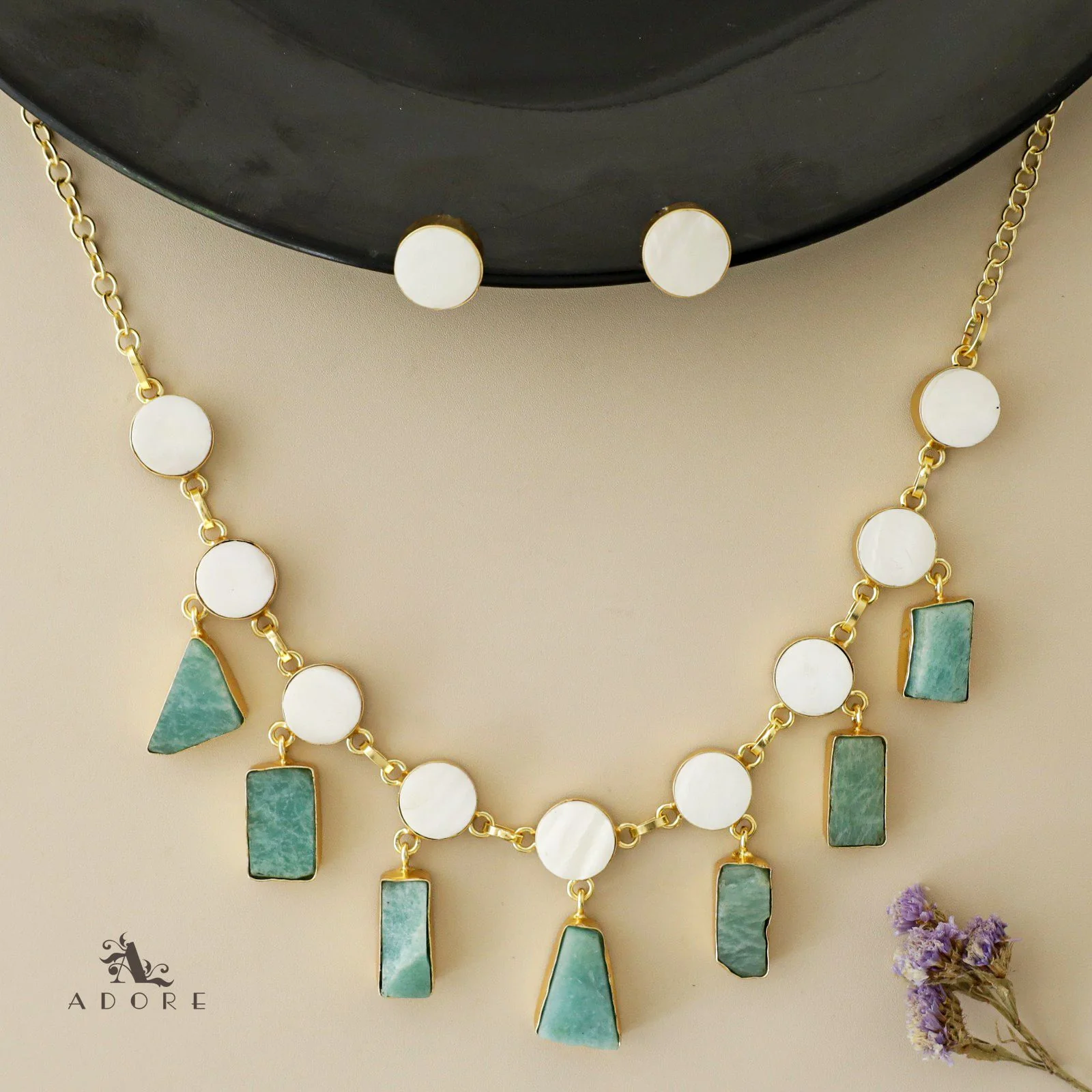 Cairo Round Raw Stone Drop Neckpiece With Stud - Image 10
