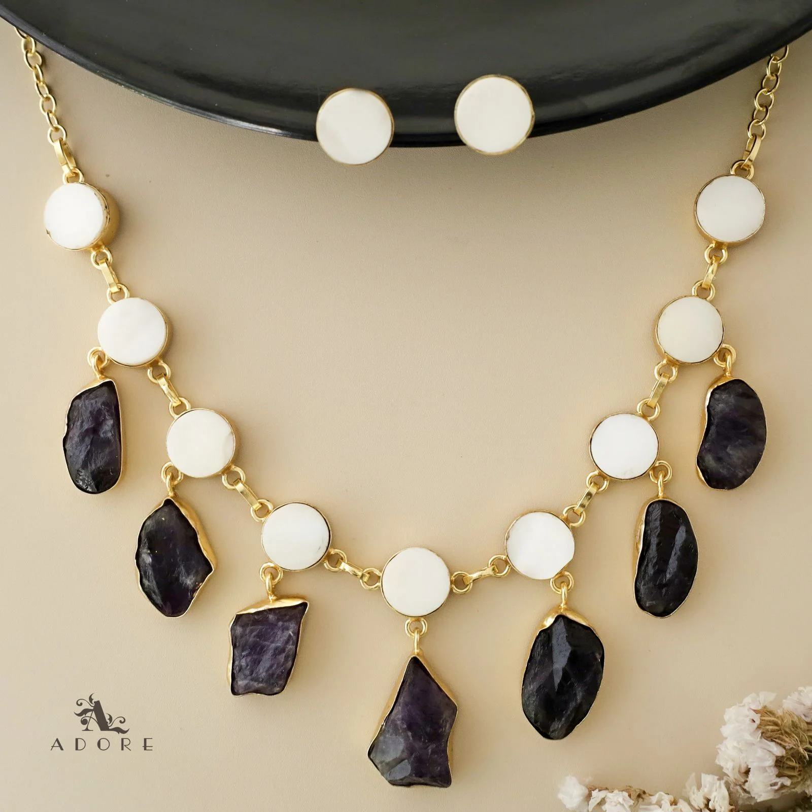 Cairo Round Raw Stone Drop Neckpiece With Stud - Image 11