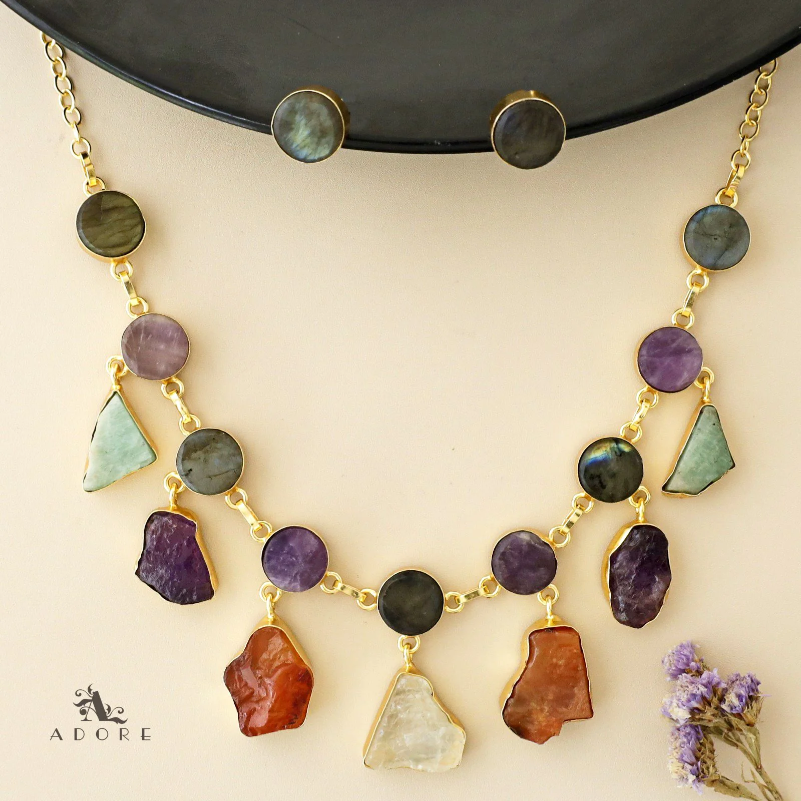 Cairo Round Raw Stone Drop Neckpiece With Stud - Image 13