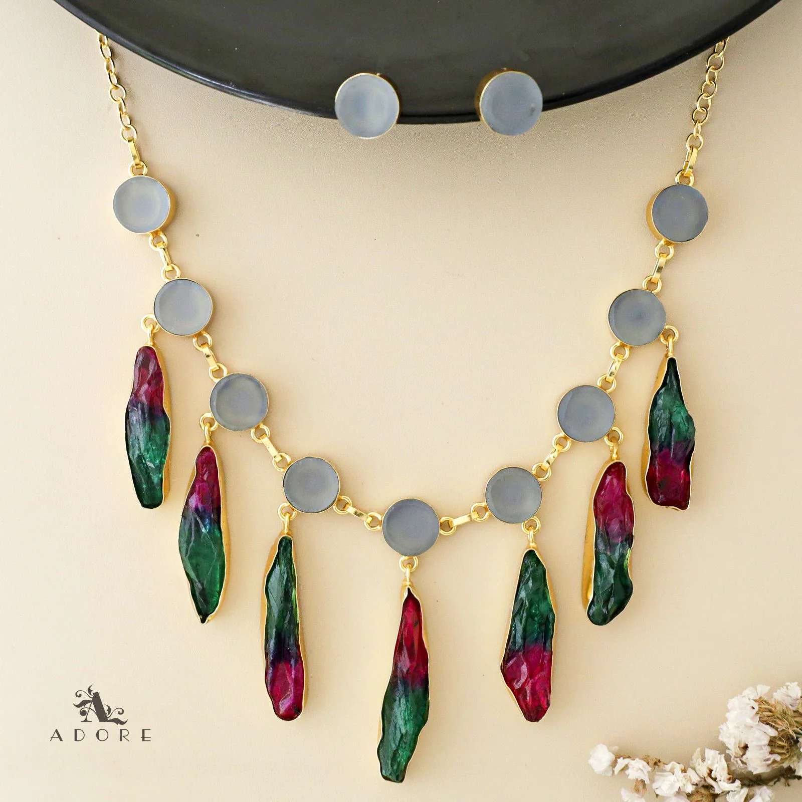 Cairo Round Raw Stone Drop Neckpiece With Stud - Image 14