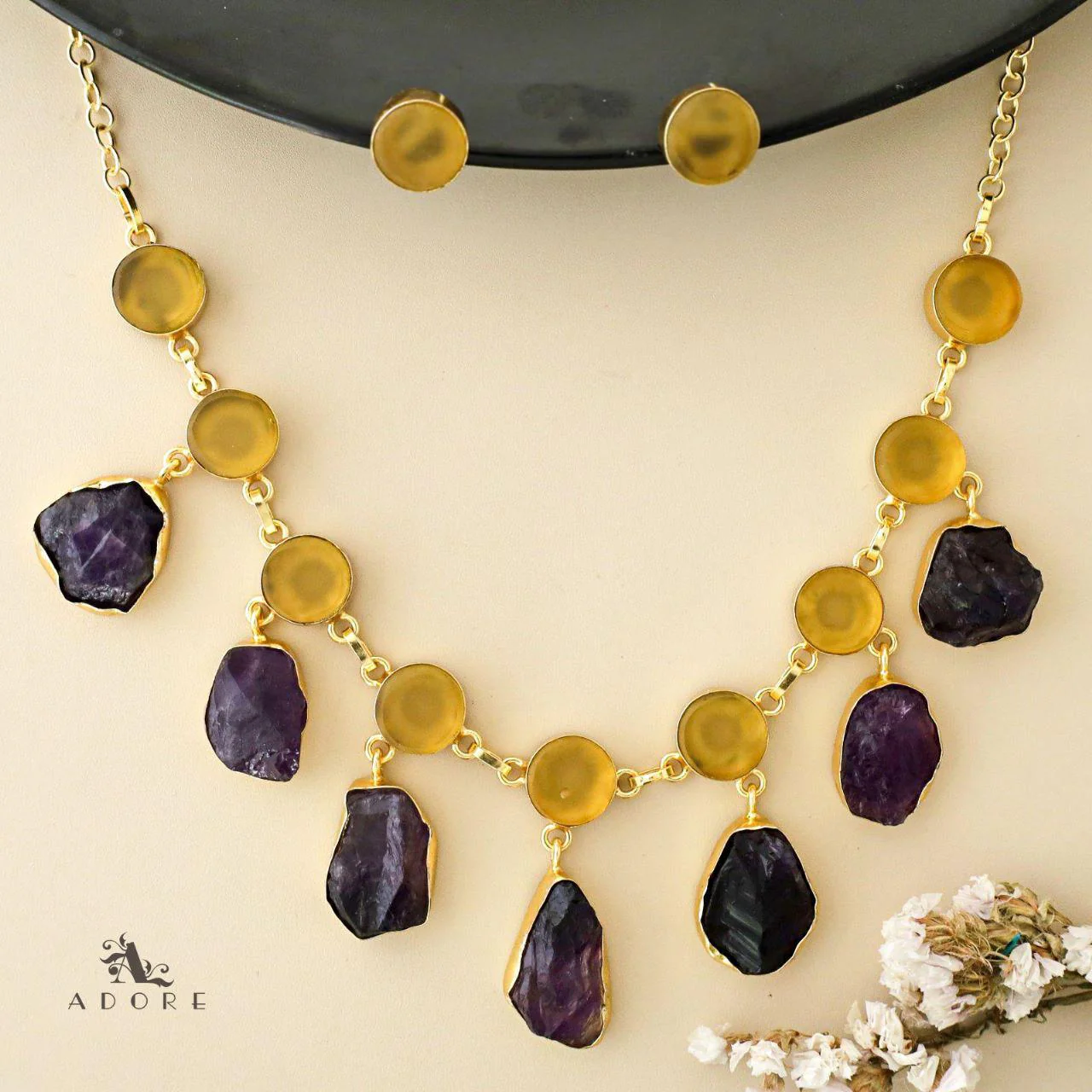 Cairo Round Raw Stone Drop Neckpiece With Stud - Image 15