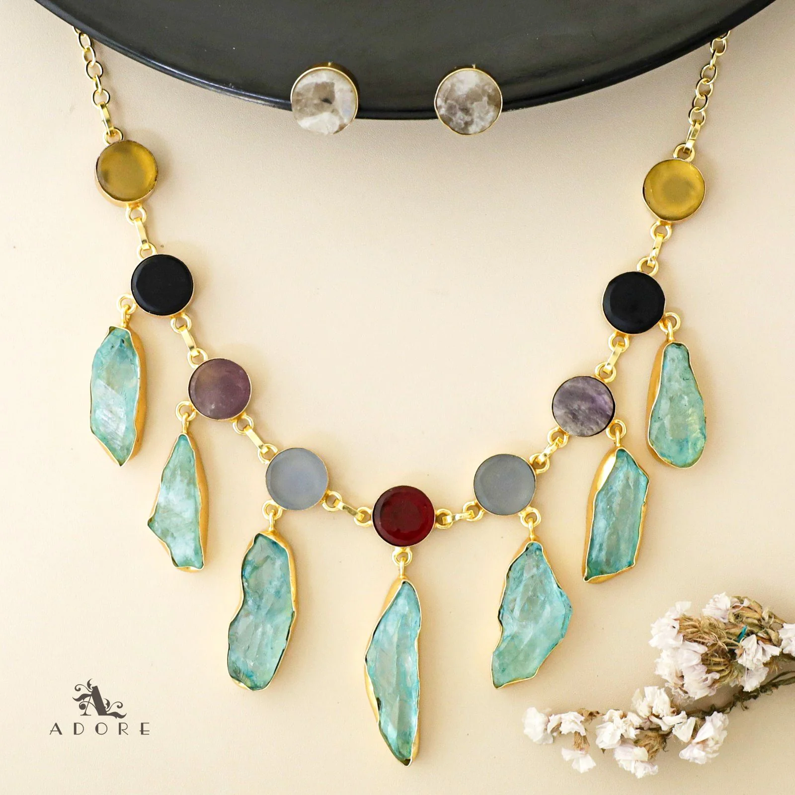 Cairo Round Raw Stone Drop Neckpiece With Stud - Image 16
