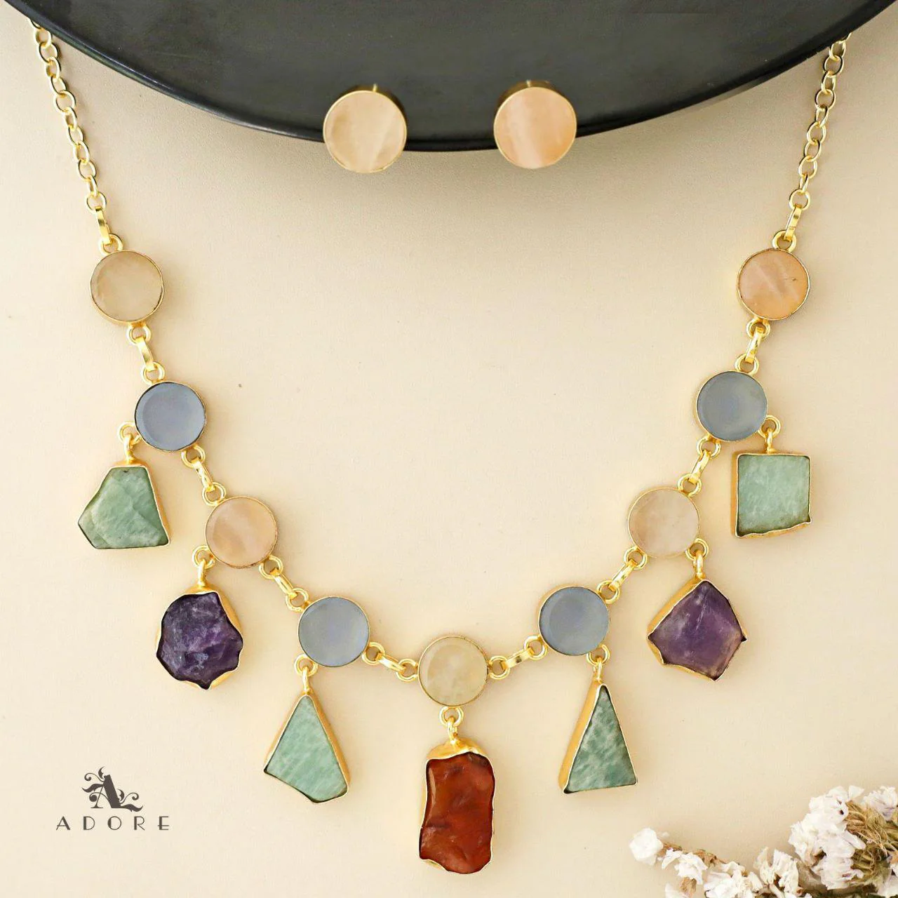 Cairo Round Raw Stone Drop Neckpiece With Stud - Image 17