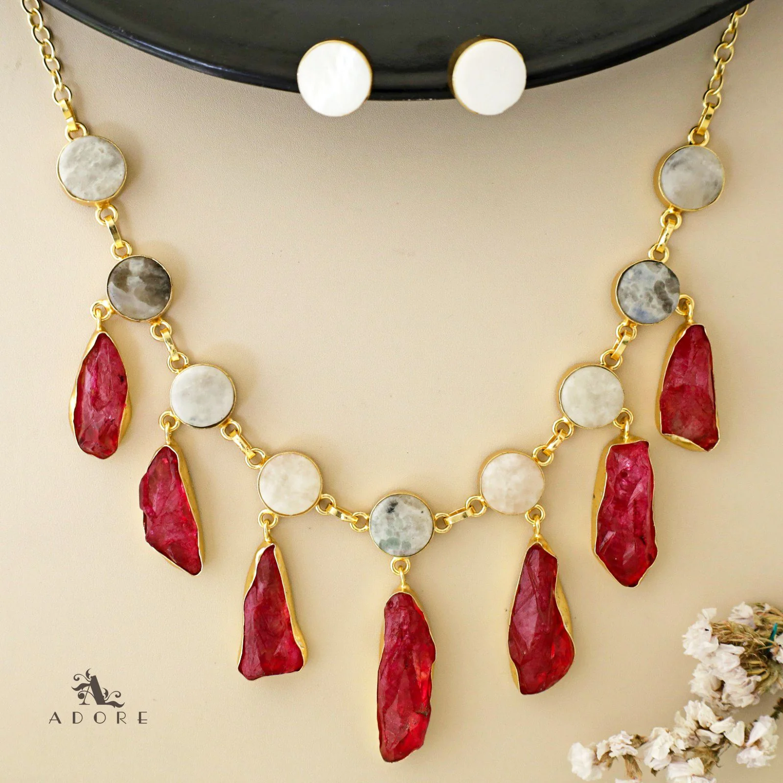 Cairo Round Raw Stone Drop Neckpiece With Stud - Image 18