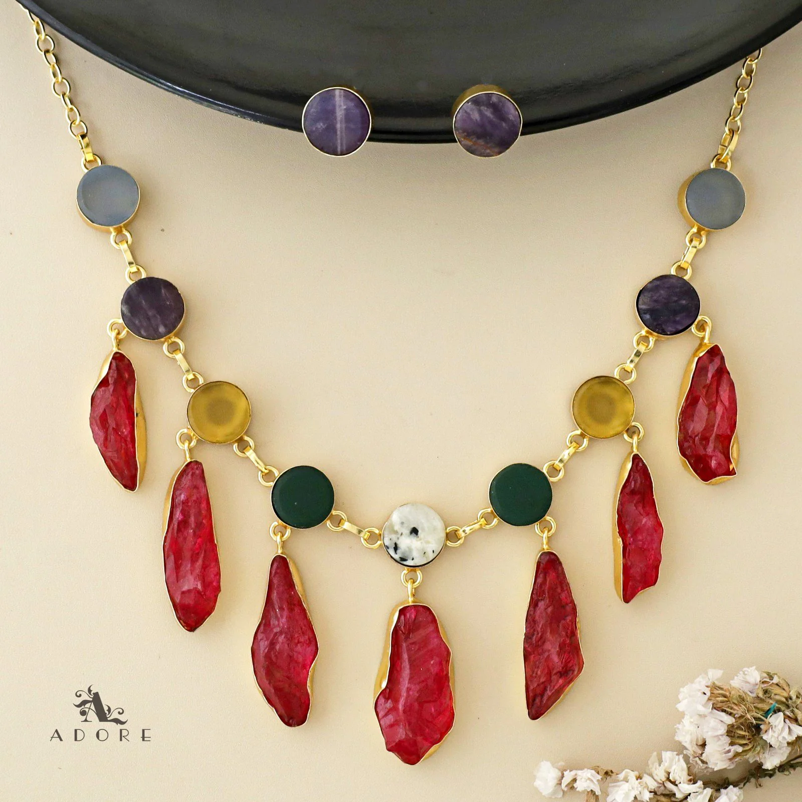 Cairo Round Raw Stone Drop Neckpiece With Stud - Image 19