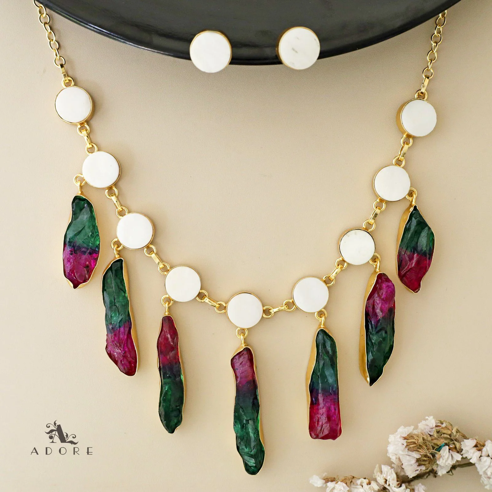 Cairo Round Raw Stone Drop Neckpiece With Stud - Image 2