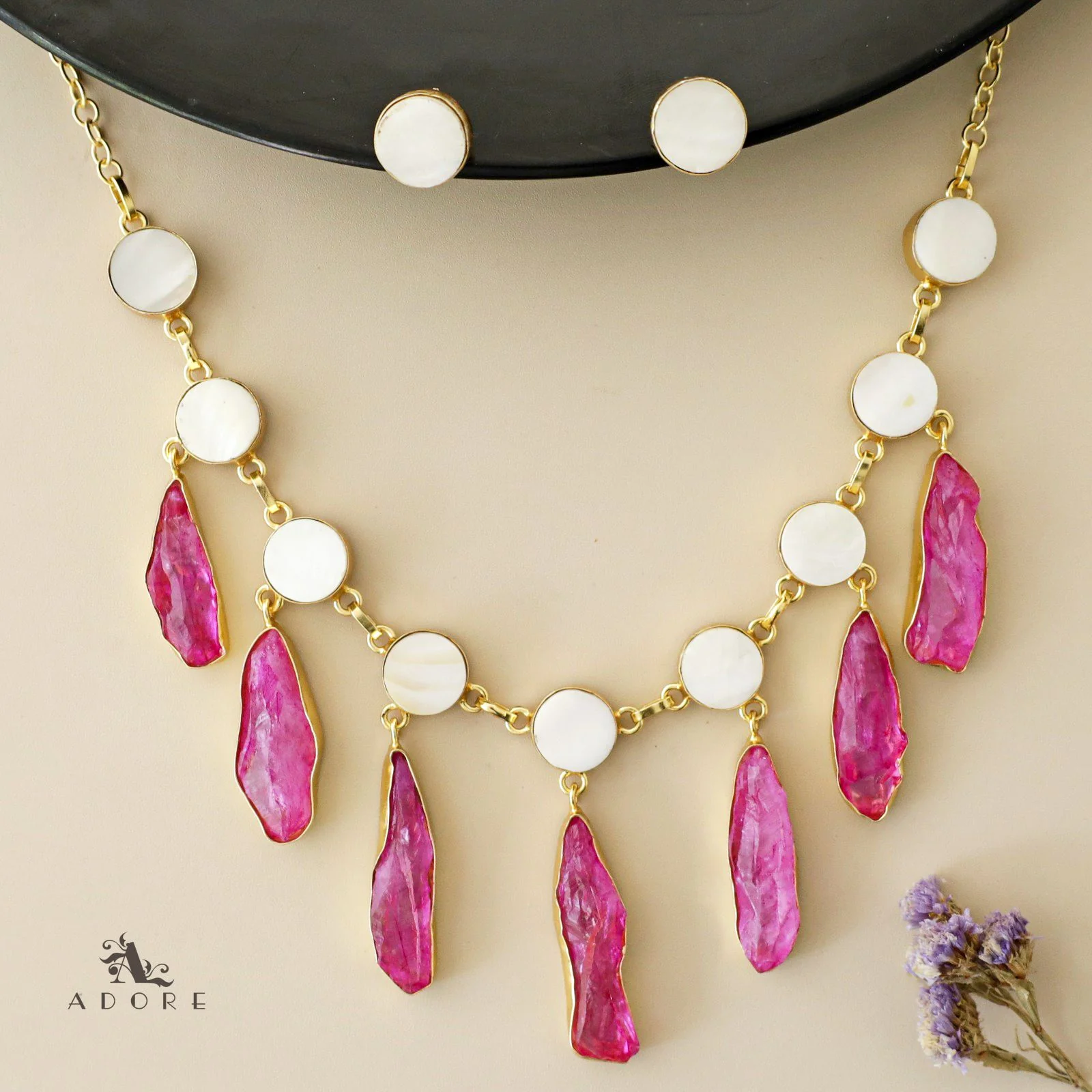 Cairo Round Raw Stone Drop Neckpiece With Stud - Image 4