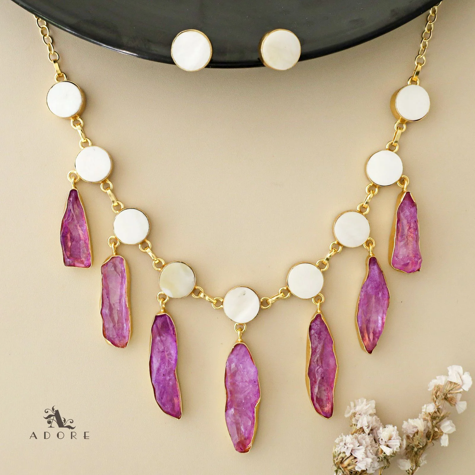 Cairo Round Raw Stone Drop Neckpiece With Stud - Image 6